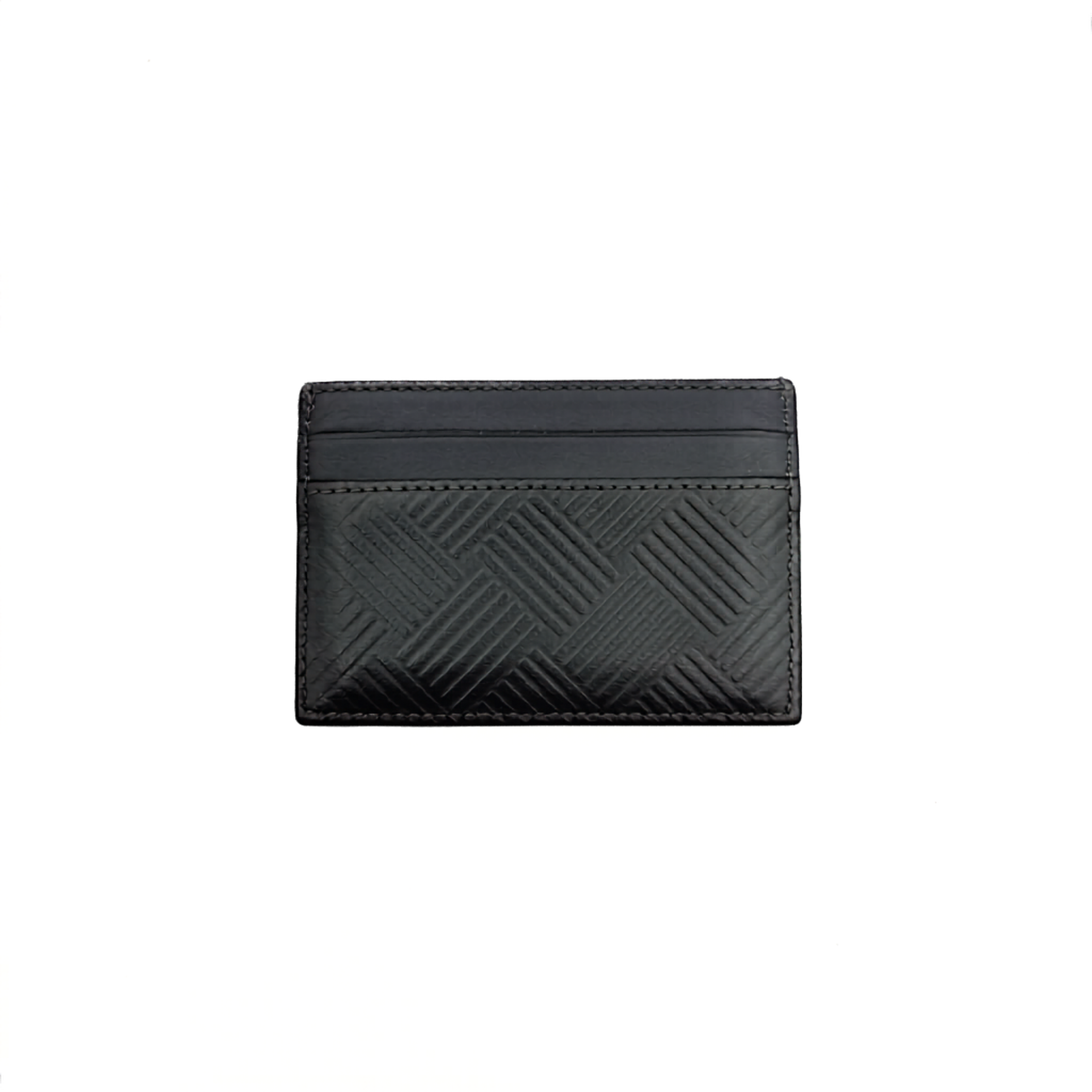 Bottega Veneta grey leather card holder with embossed geometric weave detail, photographed against a white background.