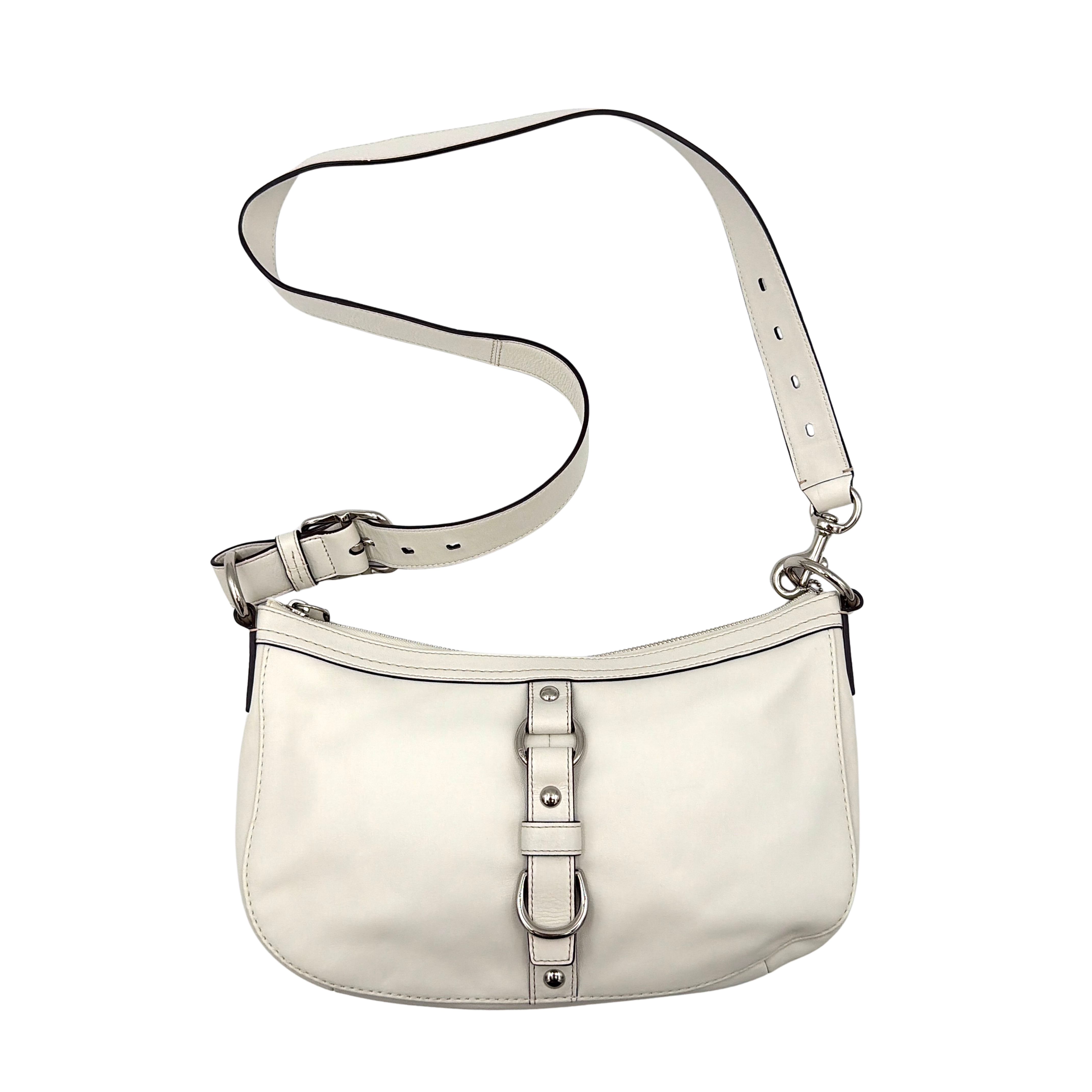 Coach 2Way Buckle Shoulder Bag in smooth ivory leather with silver-tone hardware and an adjustable strap, styled against a white background.