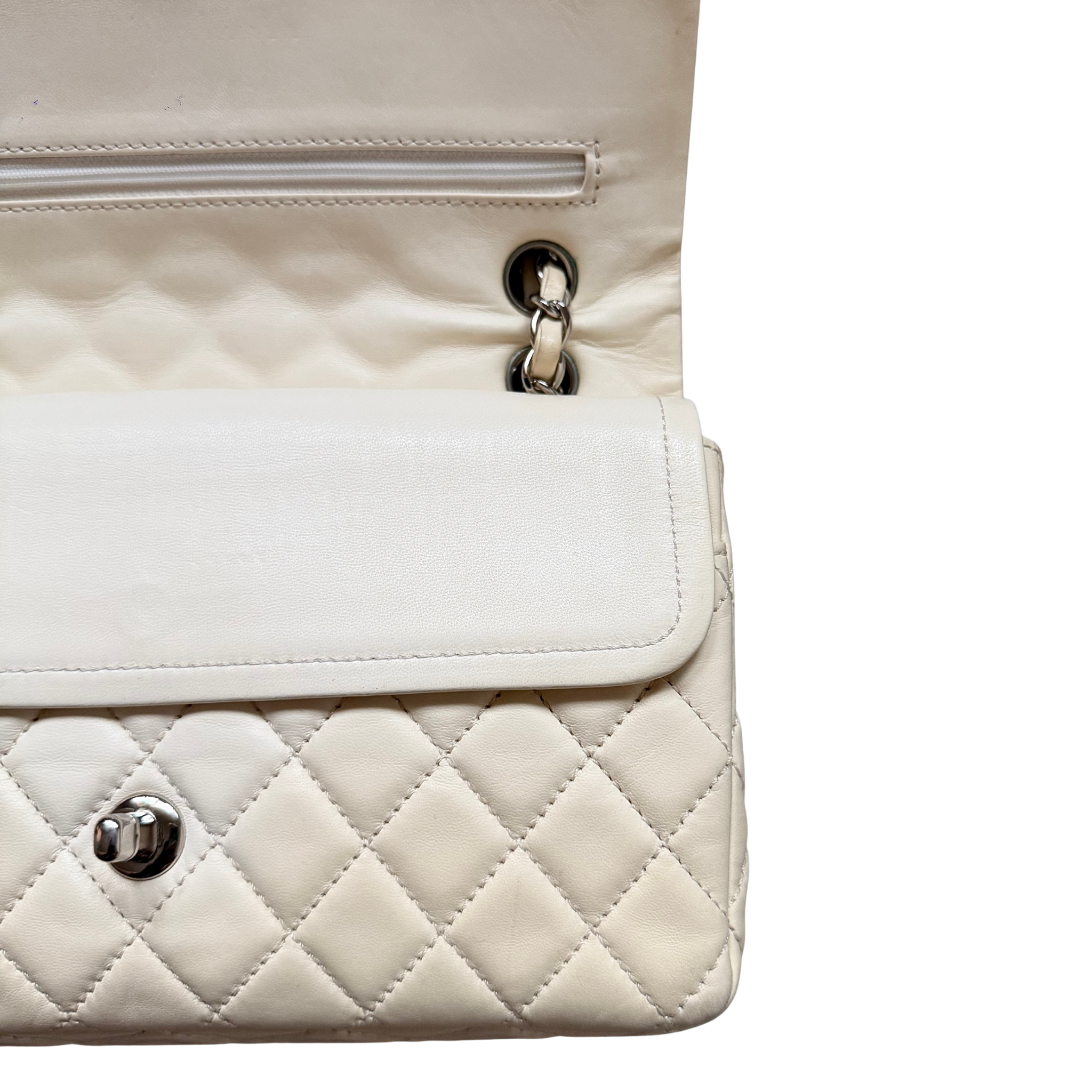 Chanel 25 Matelasse Quilted Double Flap Shoulder Bag Off-White