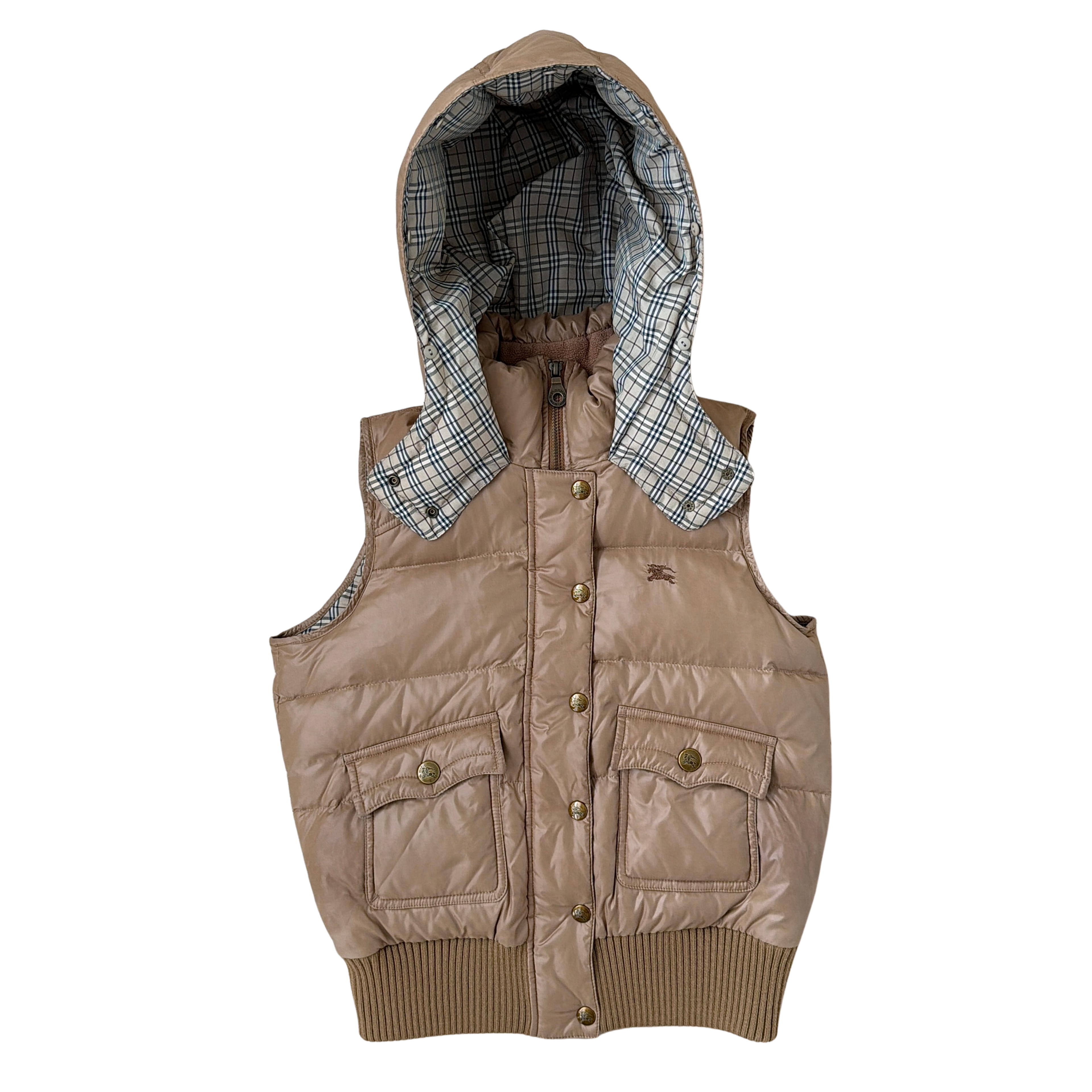 (38) Burberry Blue Label Nova Check Down Puffer Hoodie Vest Beige
