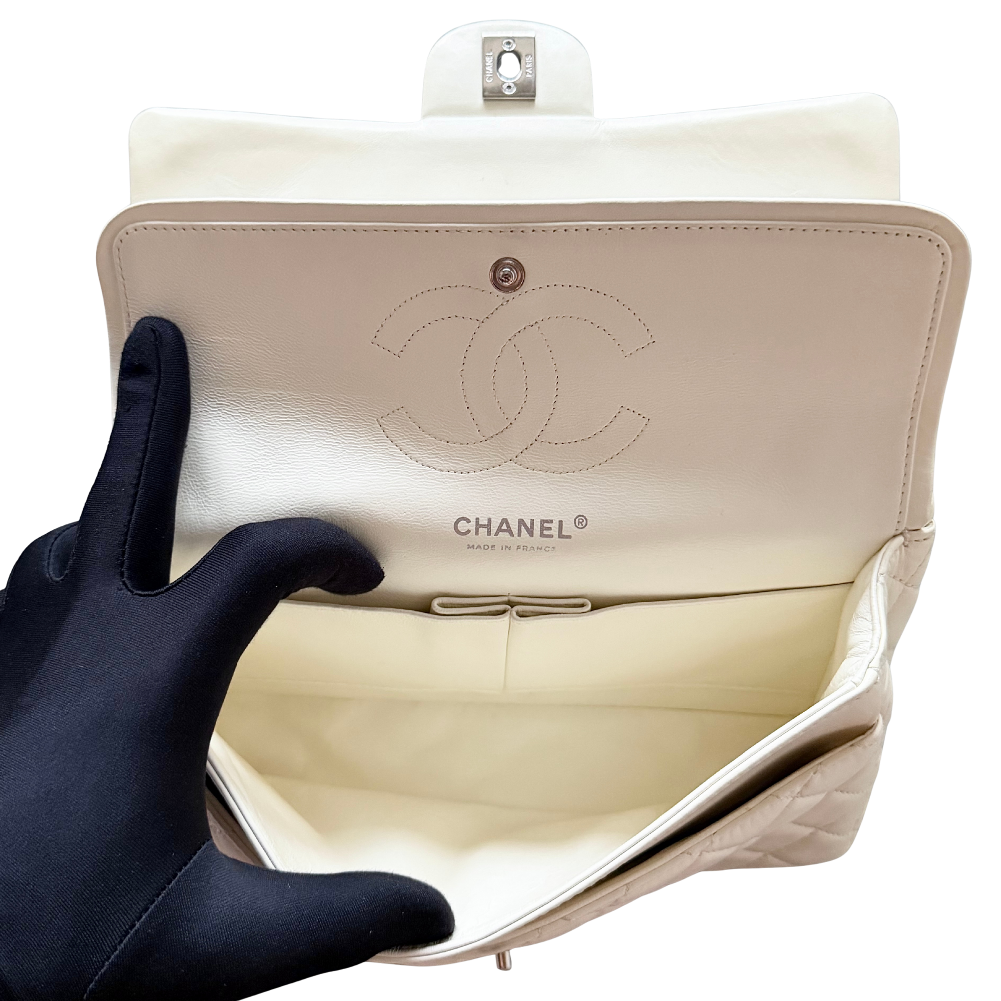 Chanel 25 Matelasse Quilted Double Flap Shoulder Bag Off-White