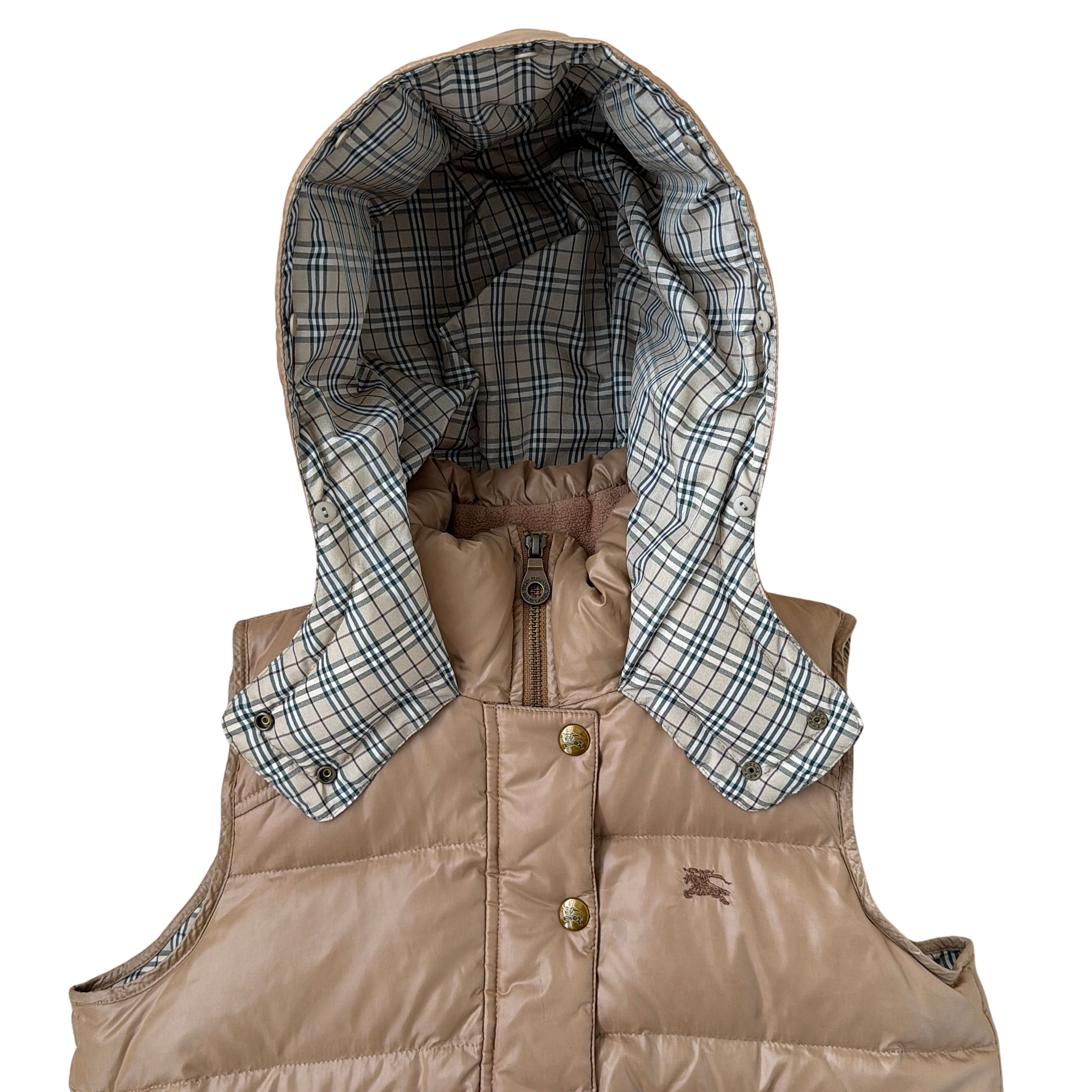 (38) Burberry Blue Label Nova Check Down Puffer Hoodie Vest Beige