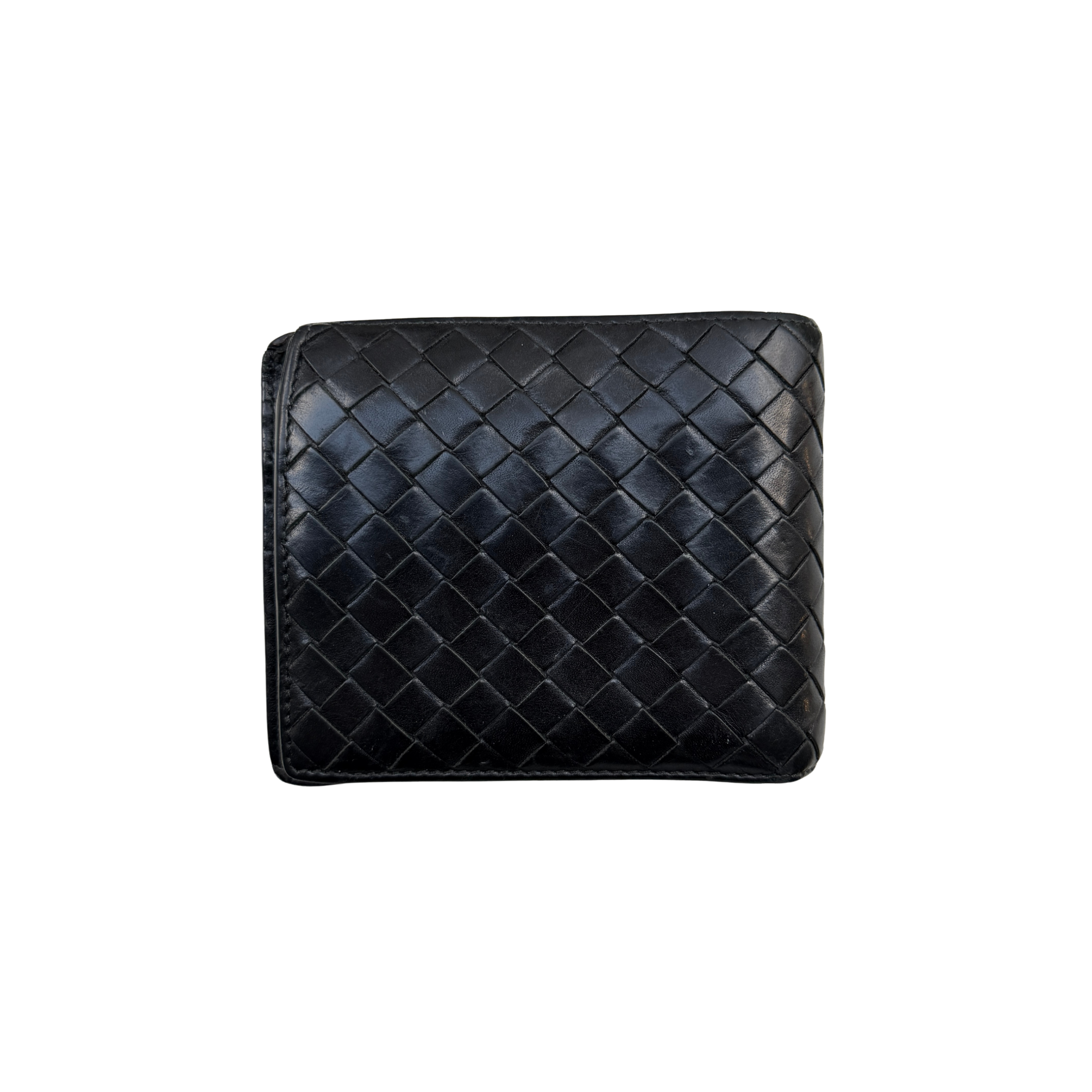 Bottega Veneta Intrecciato wallet in black leather featuring the iconic woven design and a structured rectangular shape.