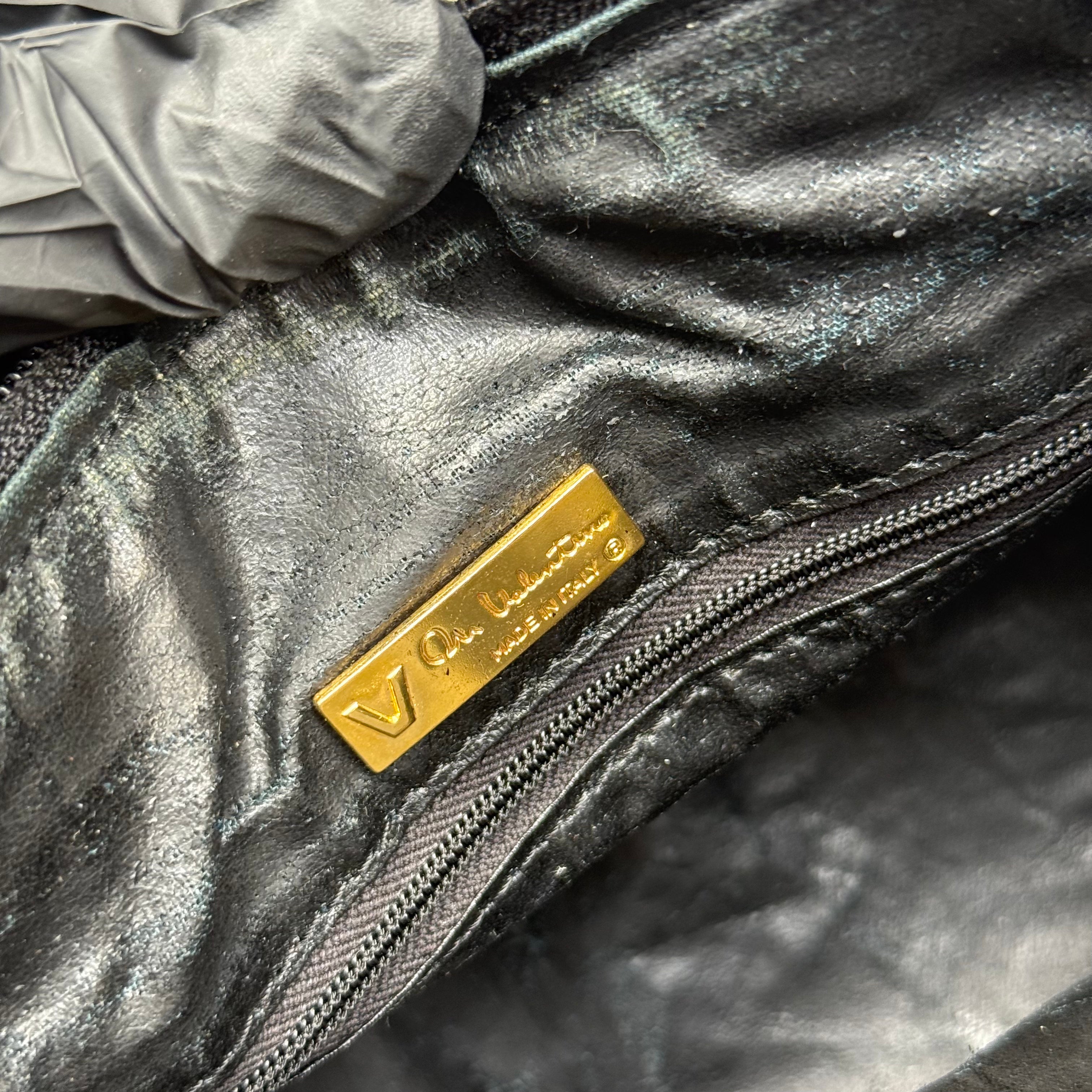 Valentino Monogram Boston Bag in glossy black leather with gold triangle logo plates and top handles