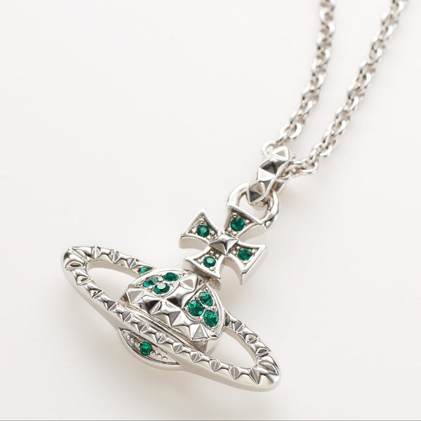 Vivienne Westwood Emerald Crystal Orb Necklace, featuring a silver-tone pendant adorned with emerald green crystals