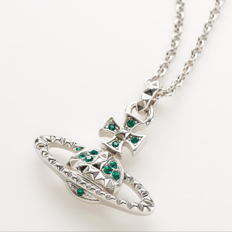 Vivienne Westwood Emerald Crystal Orb Necklace, featuring a silver-tone pendant adorned with emerald green crystals