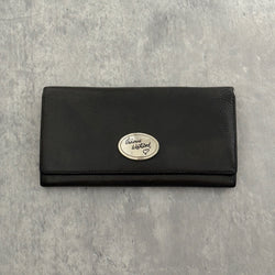 Vivienne Westwood Icon Signature Long Wallet in black leather, featuring logo plaque, multiple card slots and zip compartment interior, snap button closure, vintage condition.