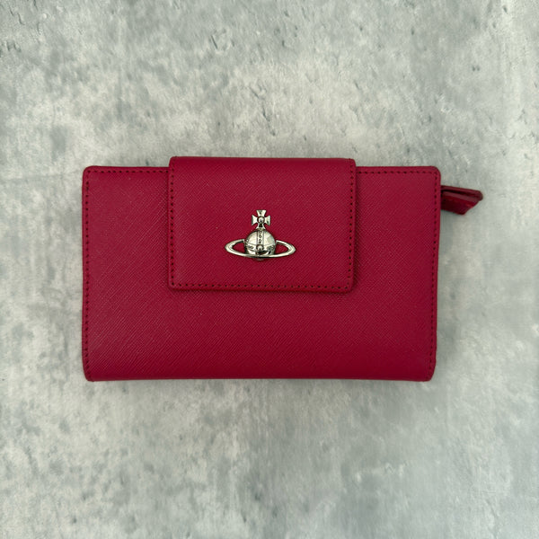 Vivienne Westwood Logo Orb Clip Wallet in Rose Pink Saffiano Leather with silver-tone emblem, card slots, and zippered coin pouch.