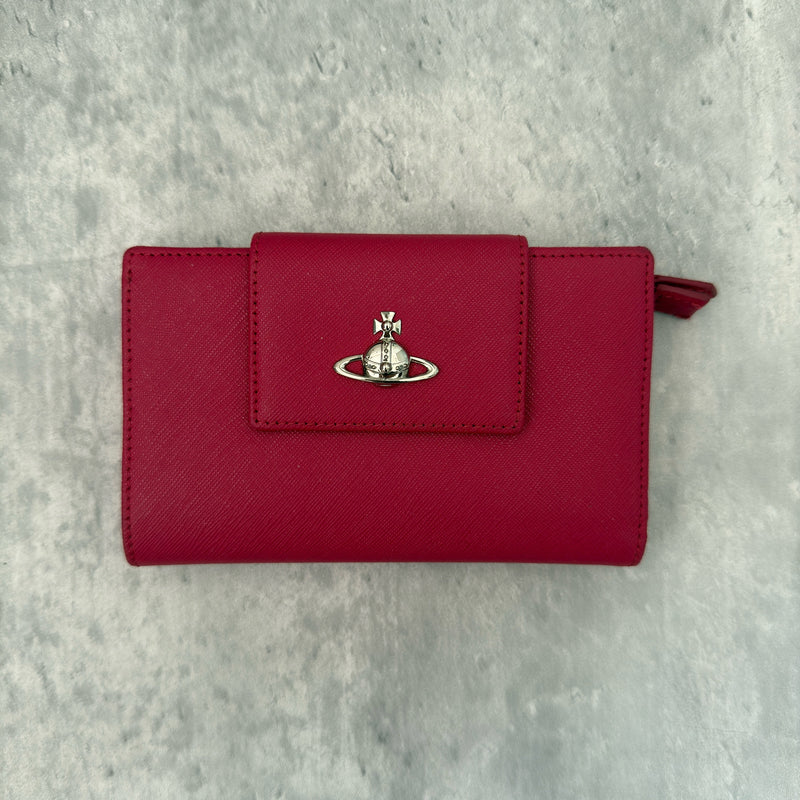 Vivienne Westwood Logo Orb Clip Wallet in Rose Pink Saffiano Leather with silver-tone emblem, card slots, and zippered coin pouch.