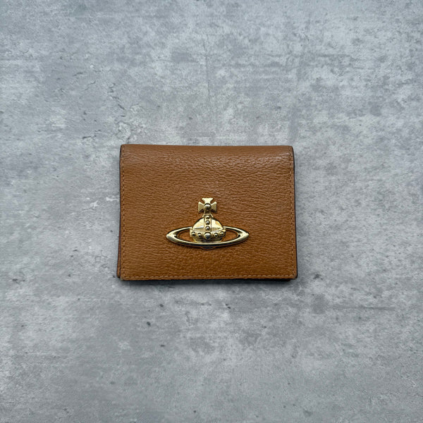 Vivienne Westwood Orb Bifold Mini Wallet in textured beige leather with gold-tone Orb emblem and dual ID slots.