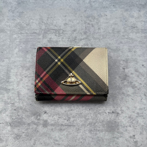 Vivienne Westwood Orb Checkered Mini Wallet Multicolor, featuring gold-tone Orb emblem with tartan exterior, black leather interior, and kiss-lock coin pouch.
