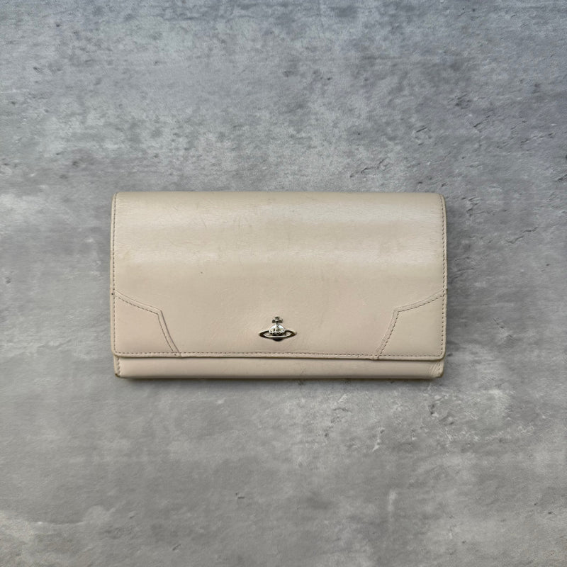 Vivienne Westwood Orb Long Wallet Cream leather with silver-tone Orb emblem and striped interior lining.