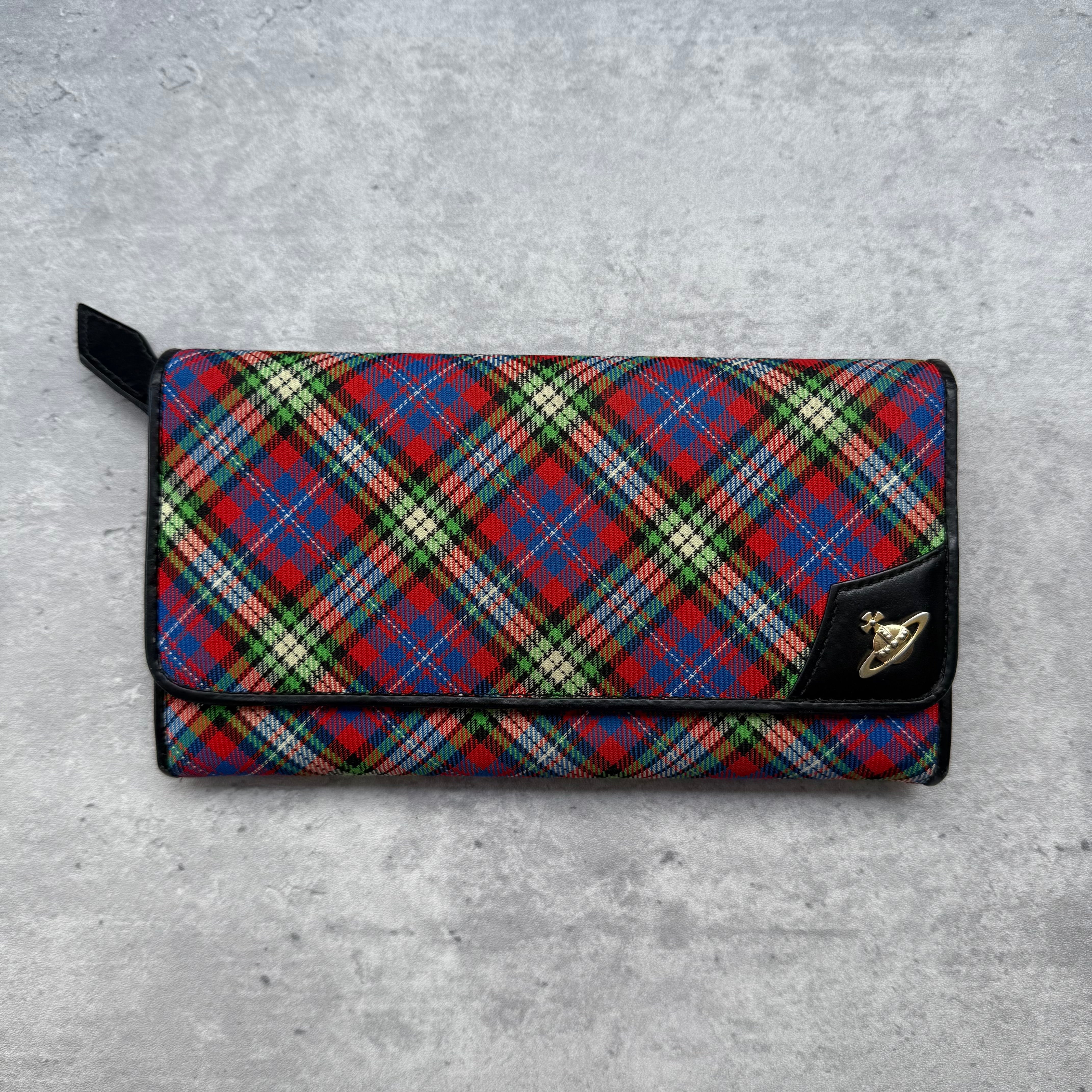 Vivienne Westwood Orb Tartan Long Wallet Multicolor, featuring a bold multicolor tartan check pattern with black leather trims, Orb emblem detail, and red interior compartments.