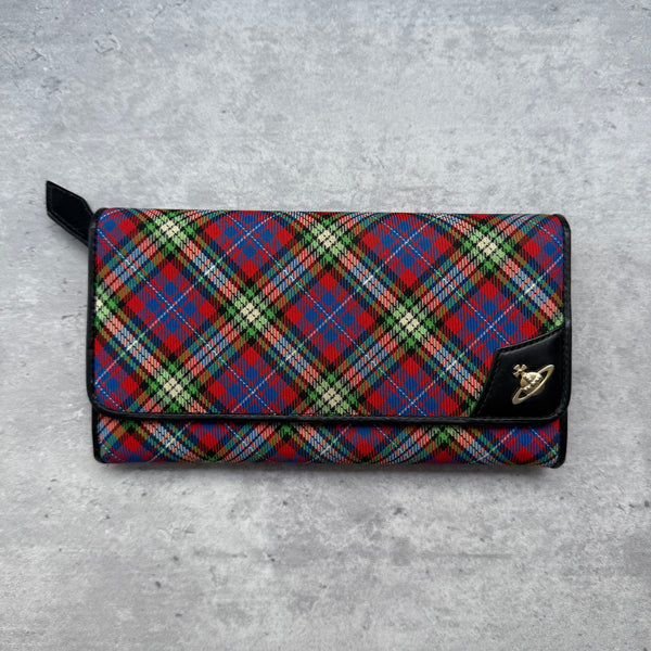 Vivienne Westwood Orb Tartan Long Wallet Multicolor, featuring a bold multicolor tartan check pattern with black leather trims, Orb emblem detail, and red interior compartments.