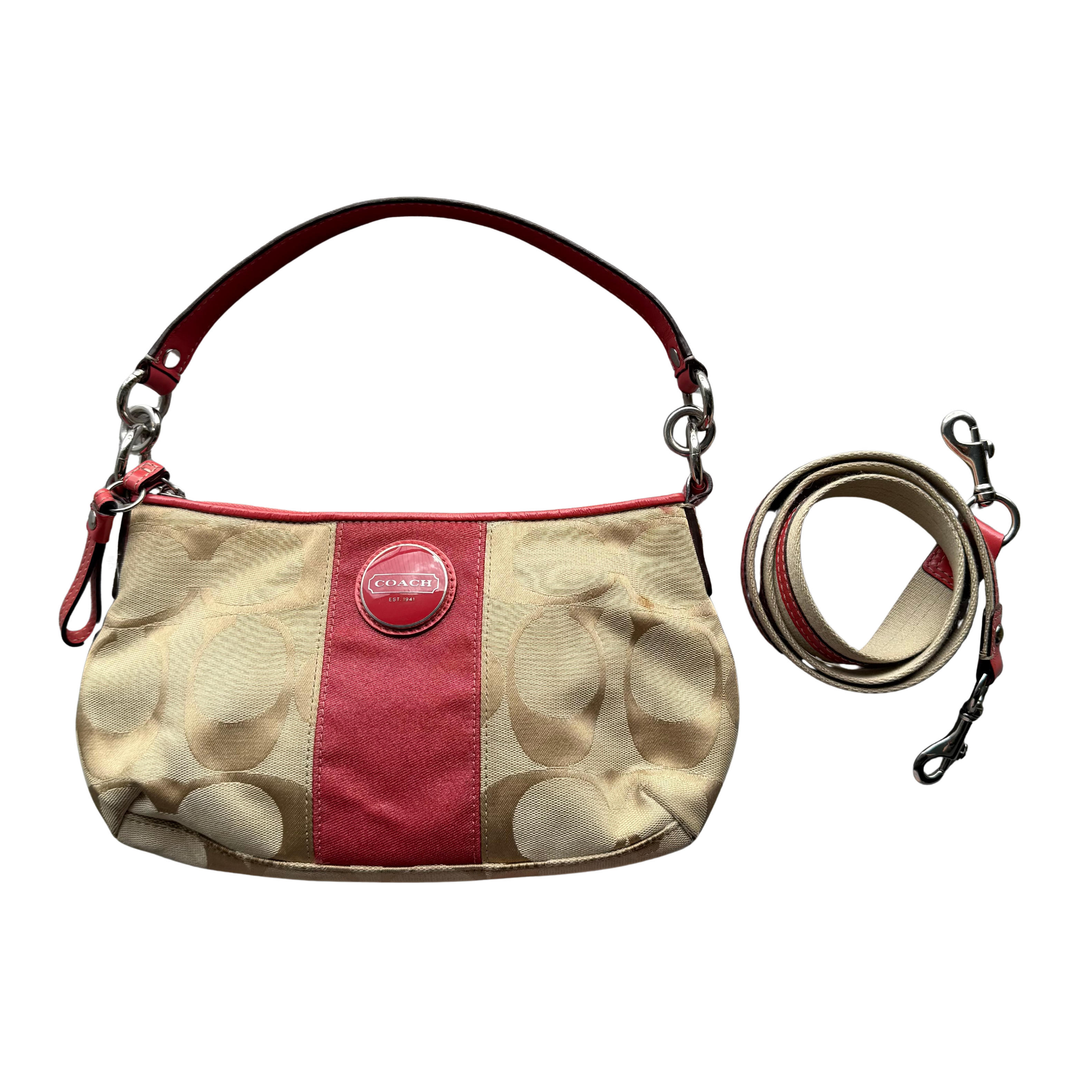 Coach 2Way Signature Stripe Shoulder Bag Beige/Red