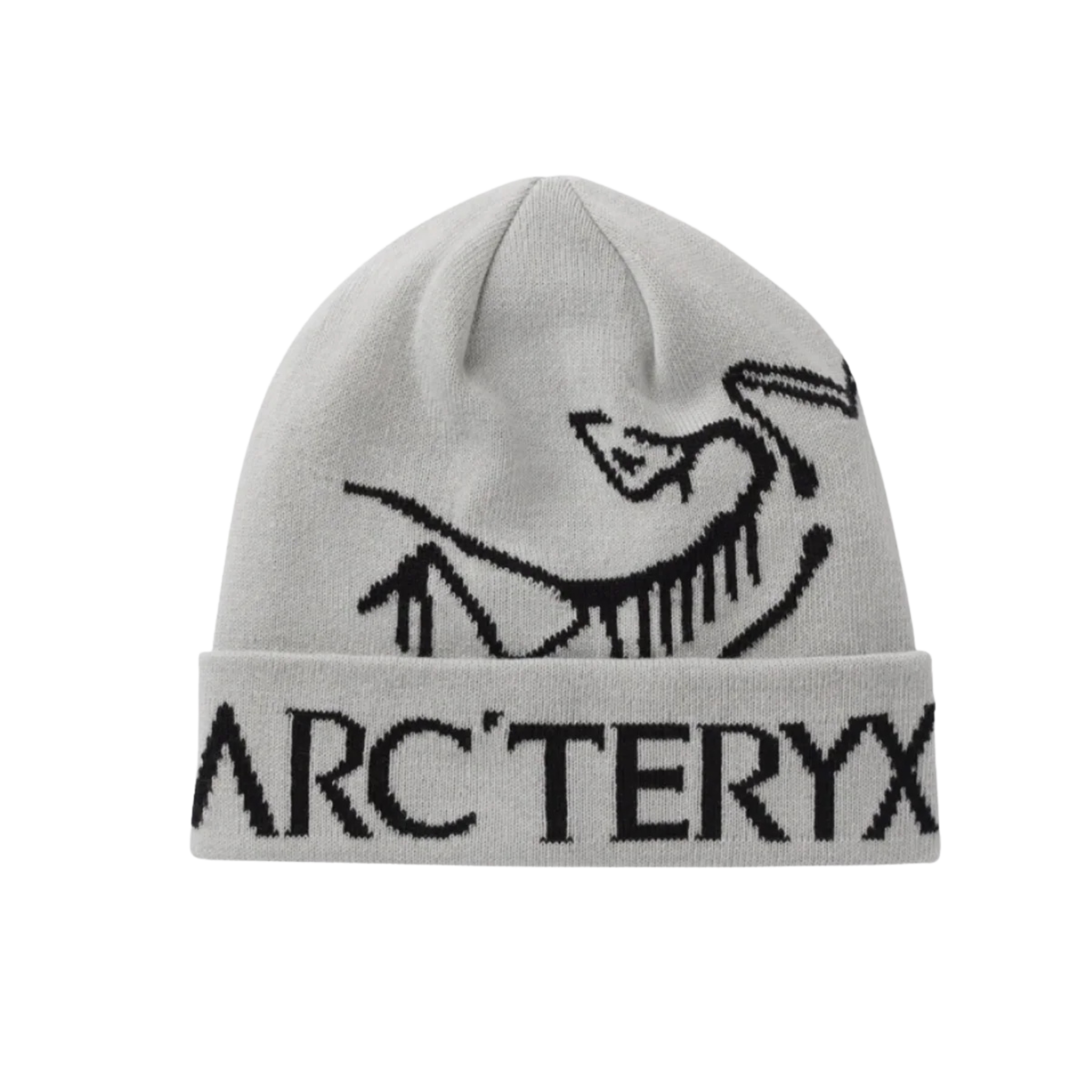 Arc’teryx Bird Word Toque beanie in grey featuring the iconic bird logo and bold Arc’teryx wordmark on the cuff.