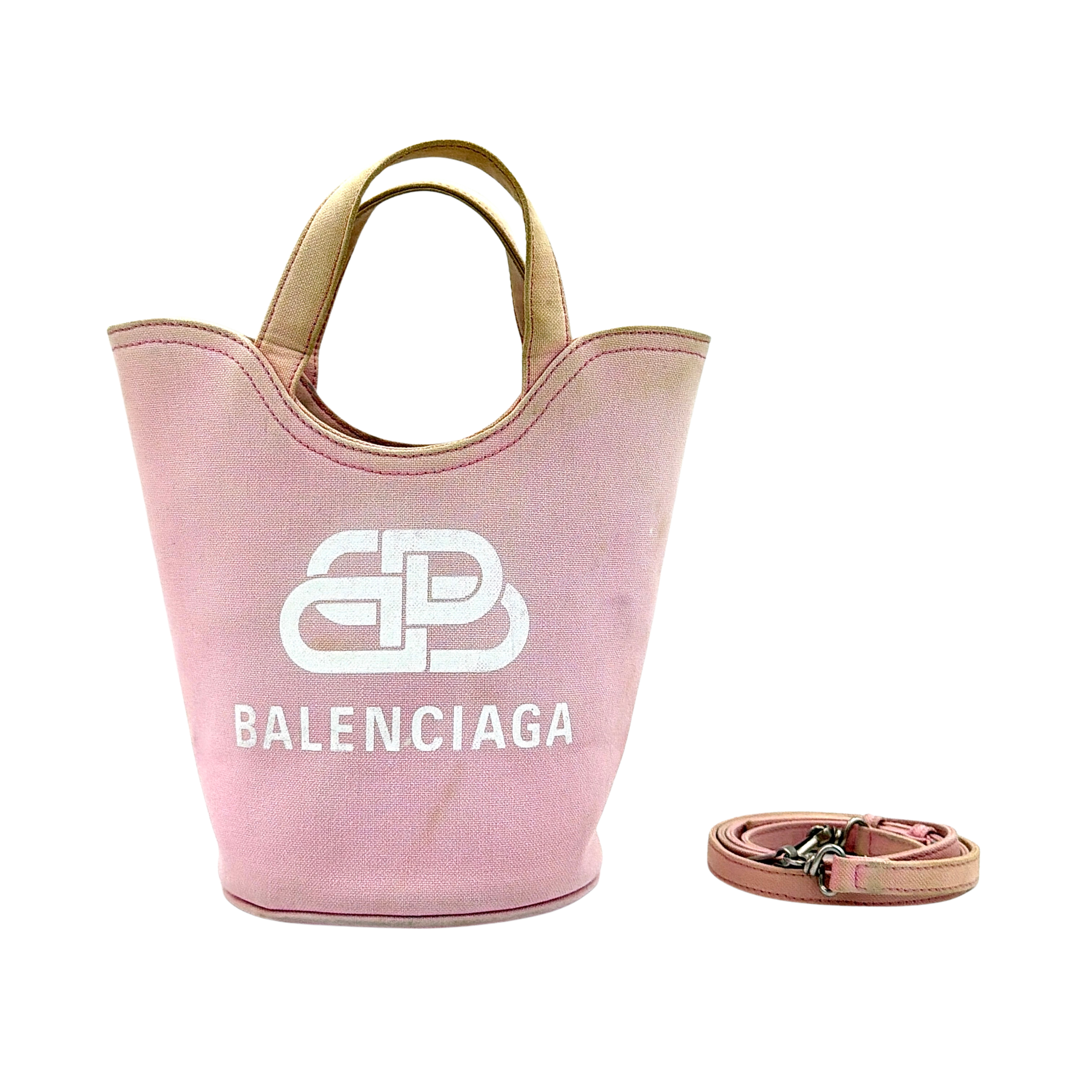 Balenciaga Wave bucket bag in pink with BB Balenciaga logo, shown with top handle and detachable strap, including front, side, and back views.
