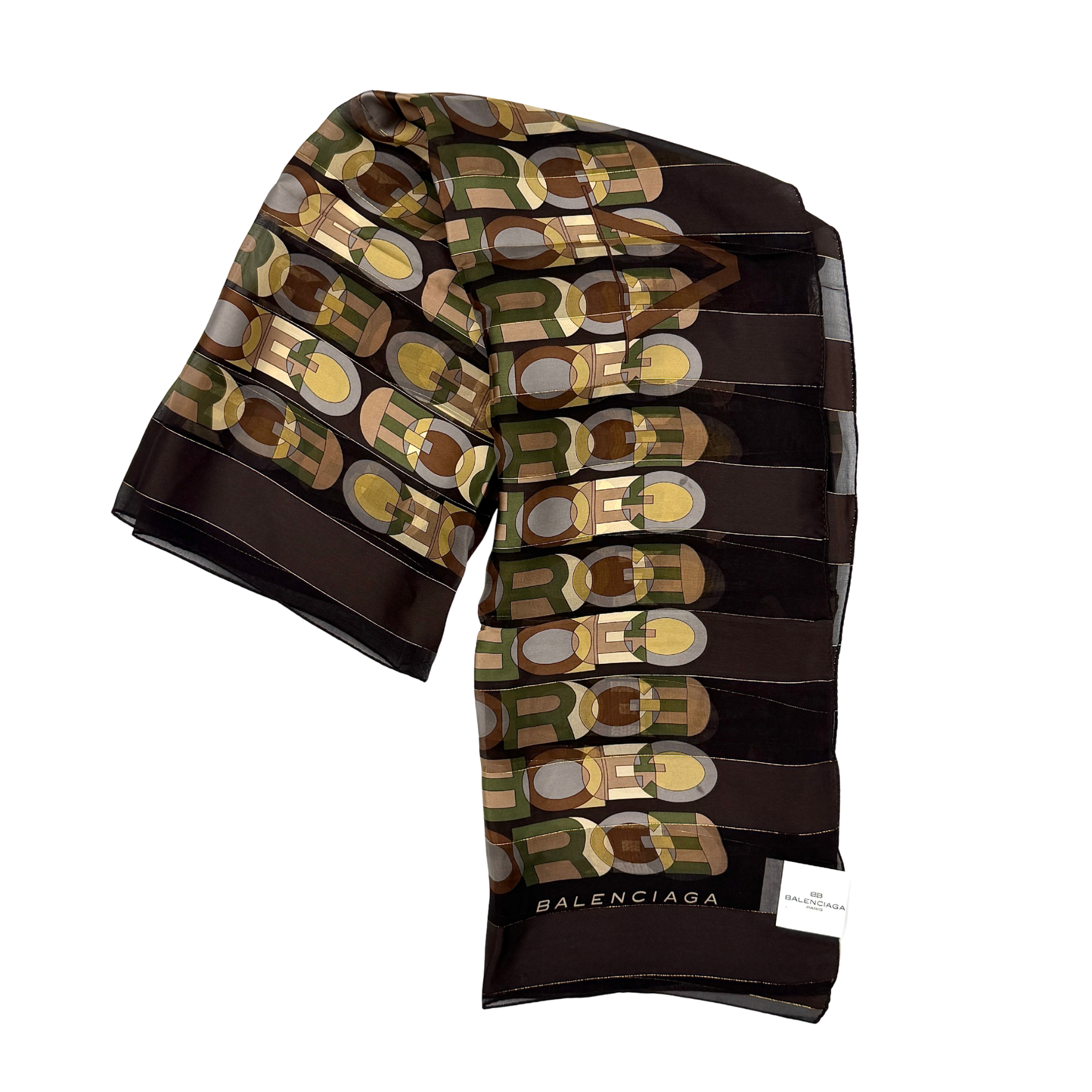 Balenciaga geometric pattern silk scarf in brown with multicolour graphic print and Balenciaga logo detail along the edge.
