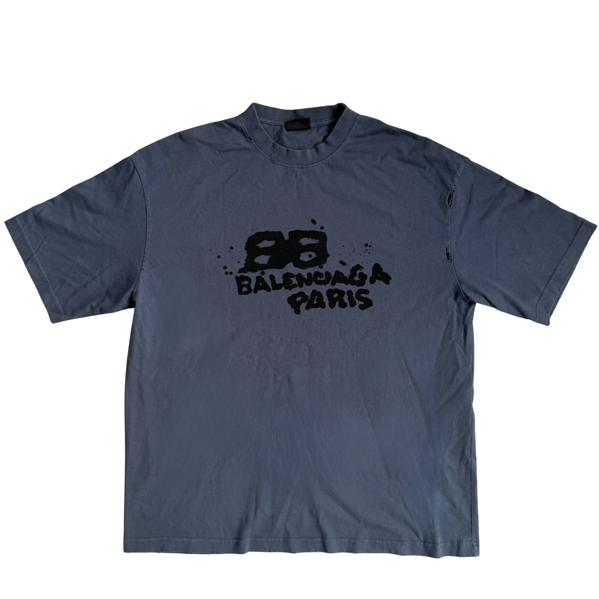 Balenciaga washed blue T-shirt featuring a hand-drawn BB icon logo in black, relaxed fit, displayed with a clothing tag
