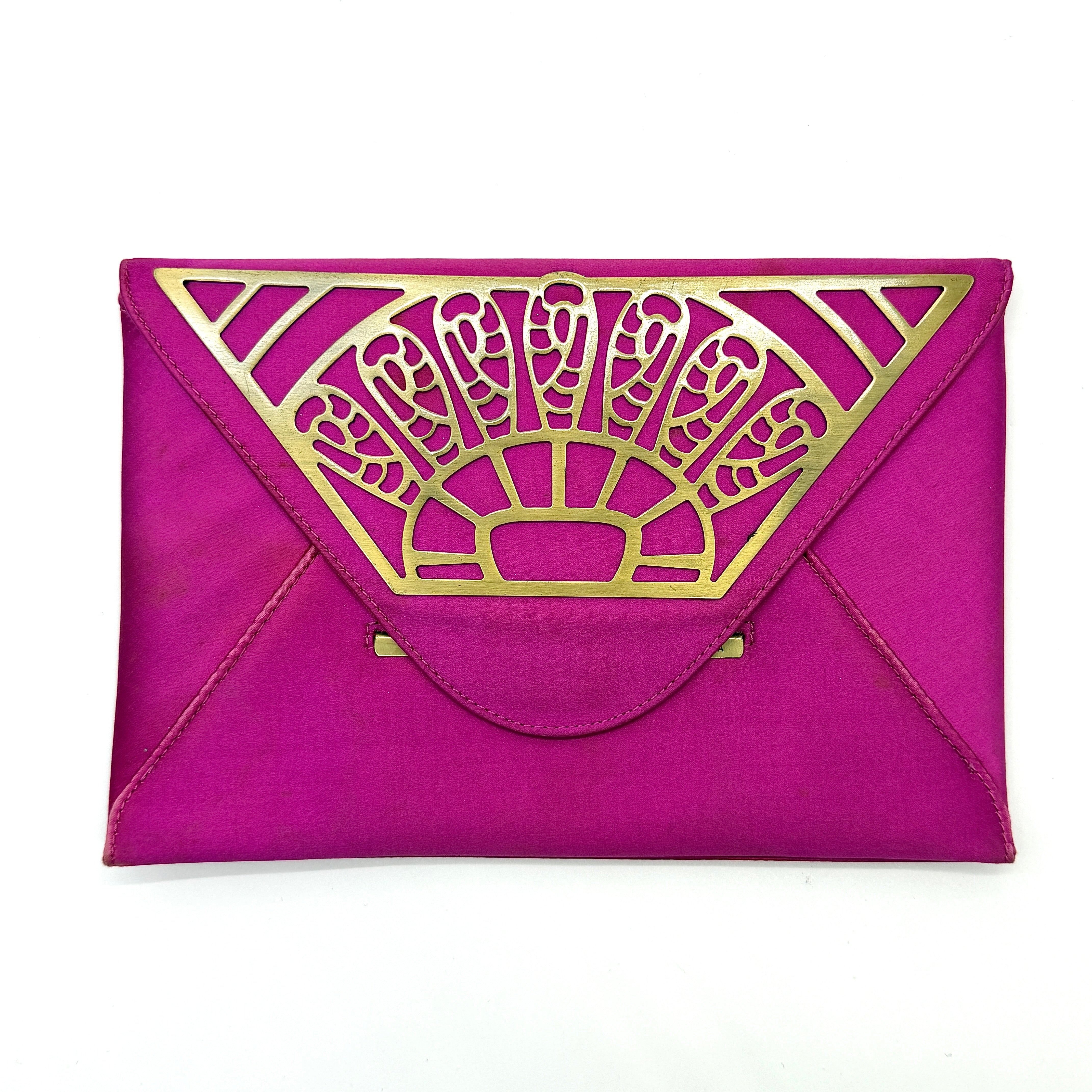 BCBGMAXAZRIA pink satin envelope clutch with gold cut-out front hardware and card slot interior.