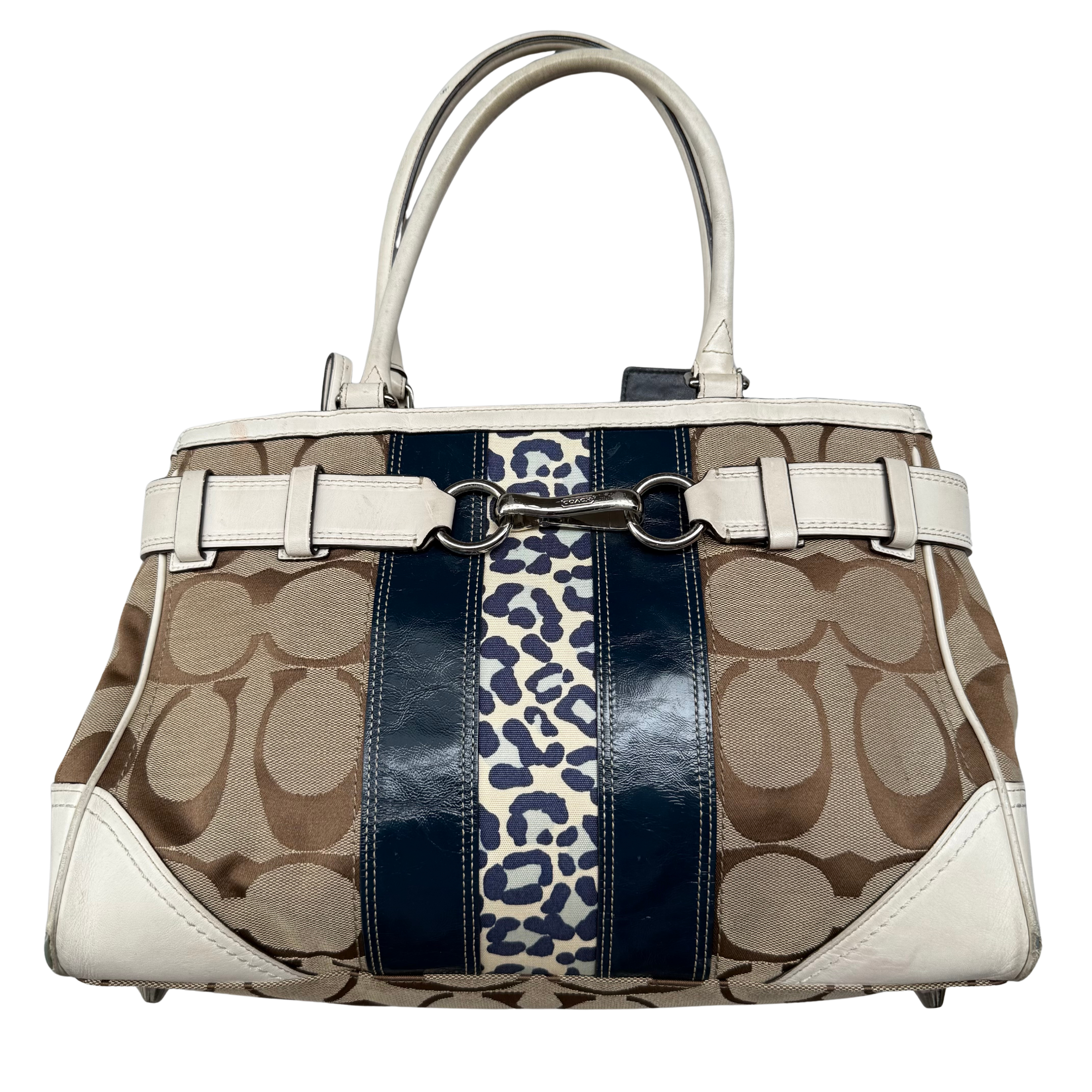 Coach Signature Hampton Stripe Leopard Carryall HandBag Multicolor