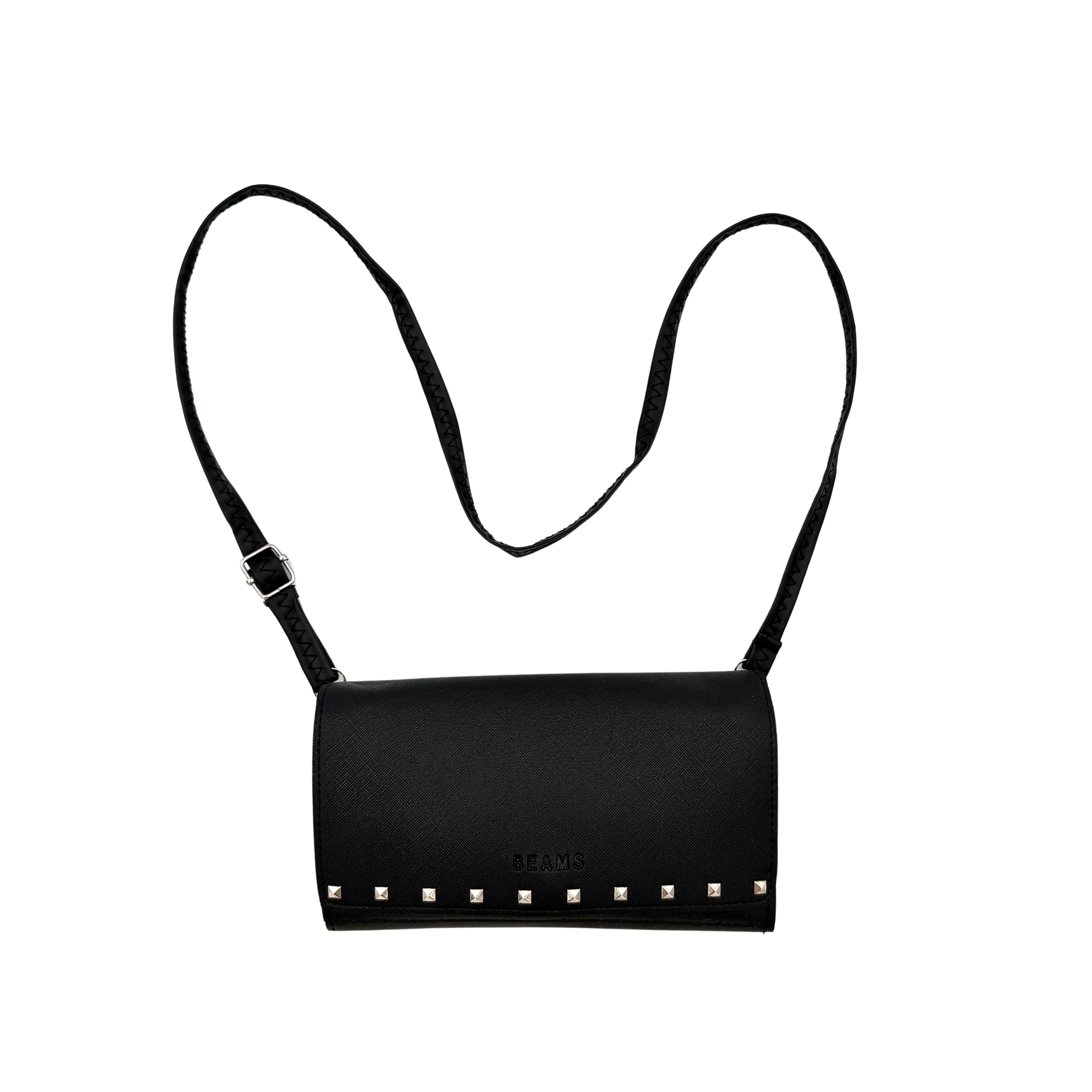BEAMS black crossbody bag with studded detail, featuring a minimalist design and adjustable strap