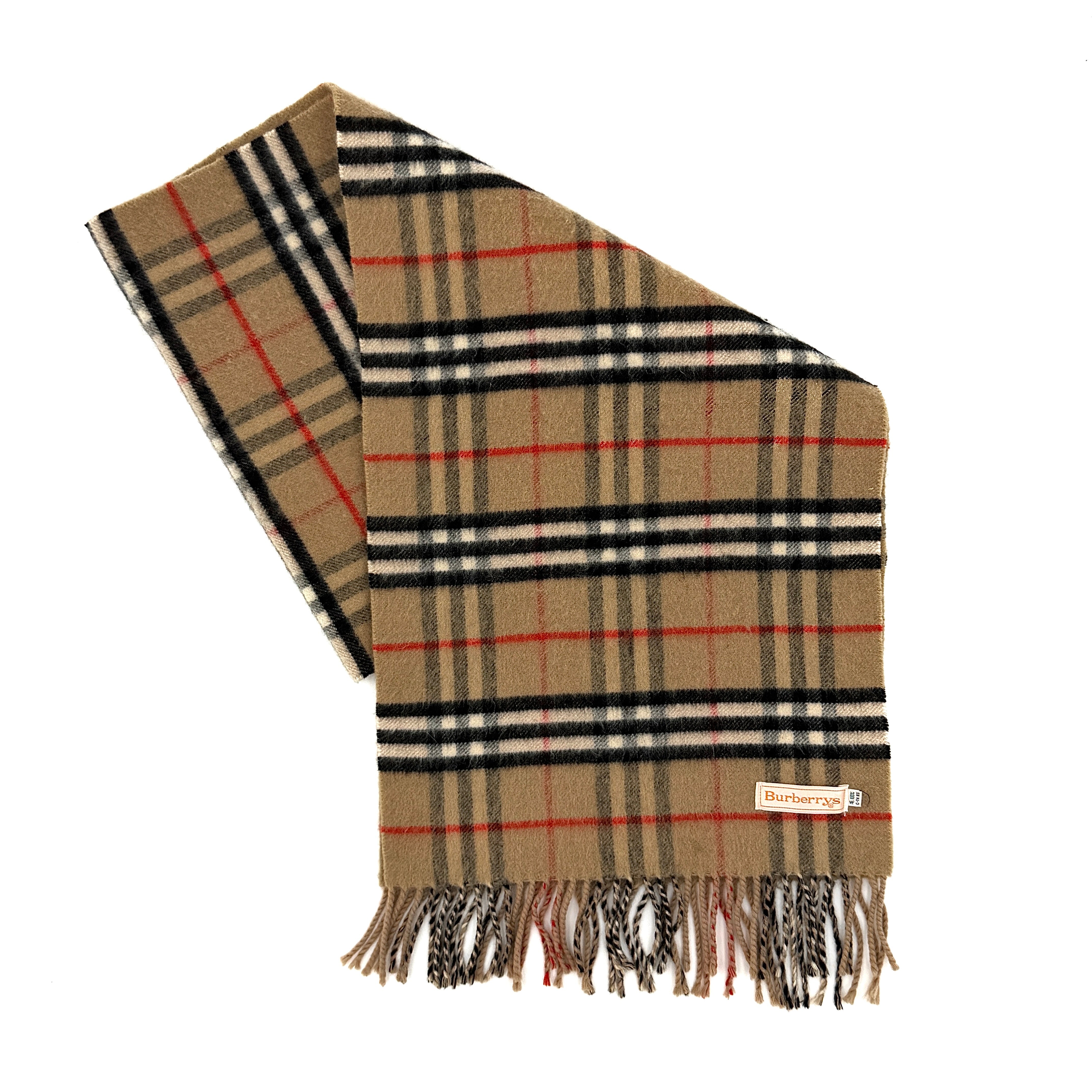 Burberry checkered wool scarf in brown featuring the iconic Burberry check pattern and fringed edges.
