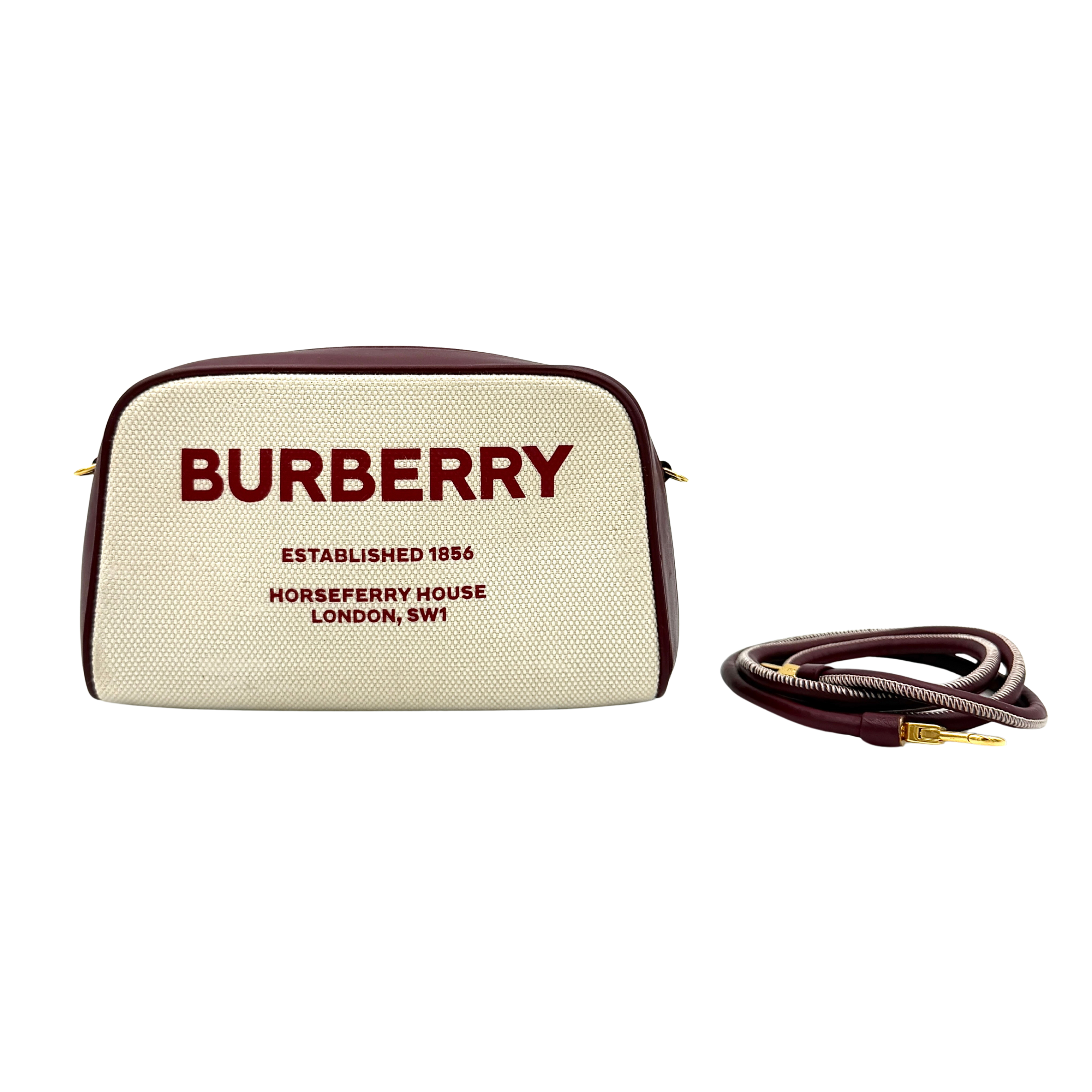 Burberry Horseferry half cube crossbody pouch bag in cream with burgundy trim and logo print, shown with detachable strap and back view.
