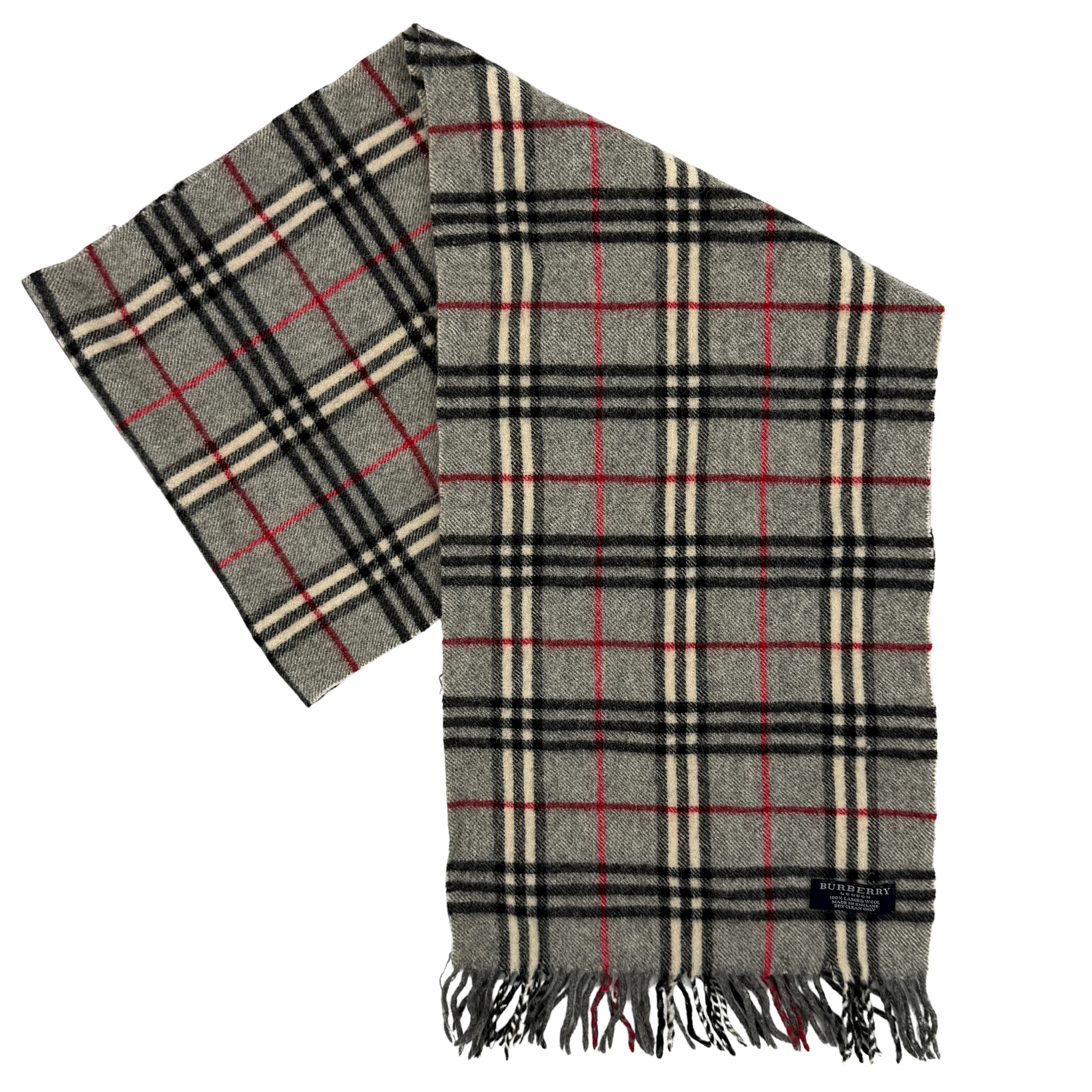 Burberry London Nova Check wool scarf in grey featuring the iconic Burberry check pattern and fringed edges.
