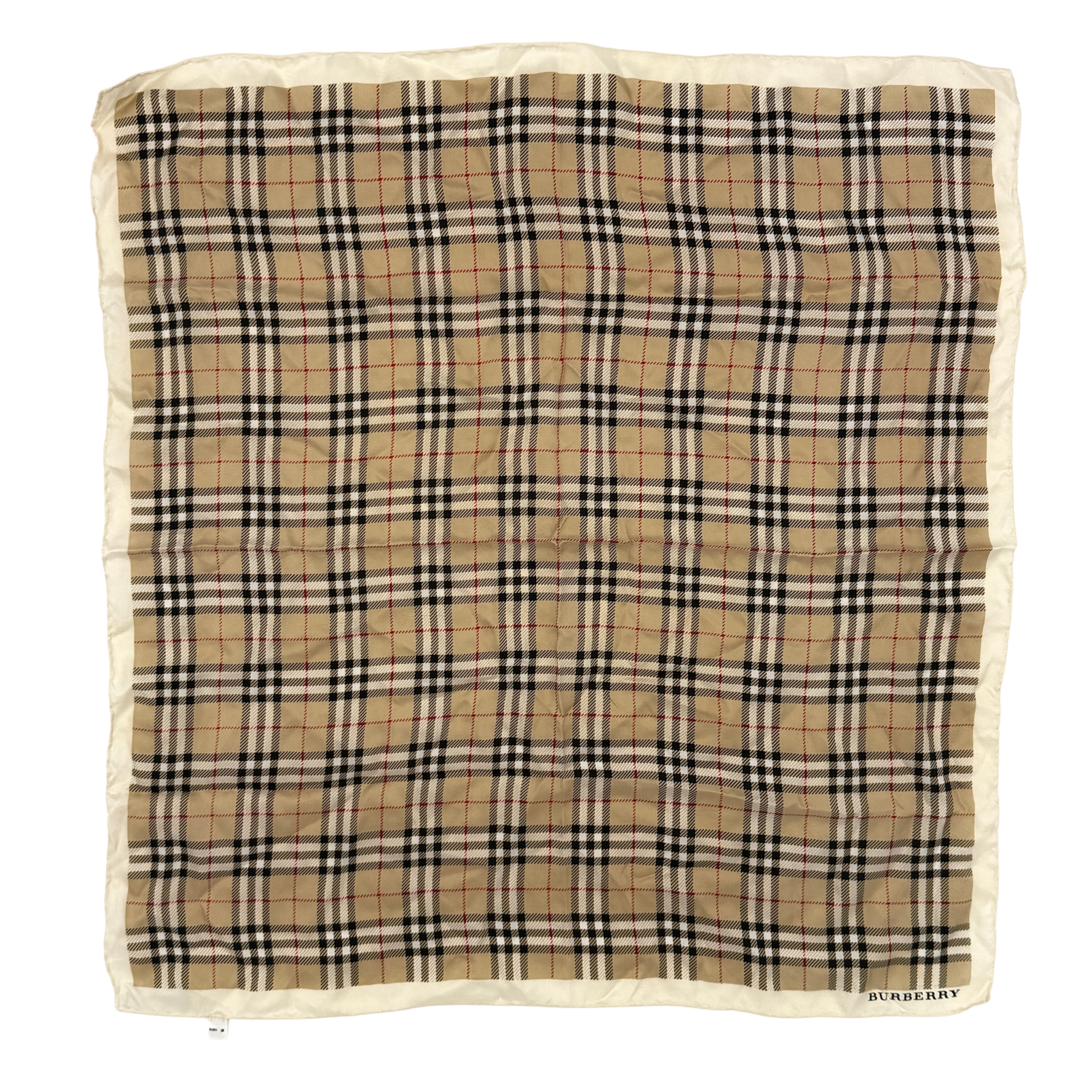 Burberry Nova Check scarf in brown and black featuring the classic check pattern with red accents and a light border, shown laid flat with Burberry logo detail.