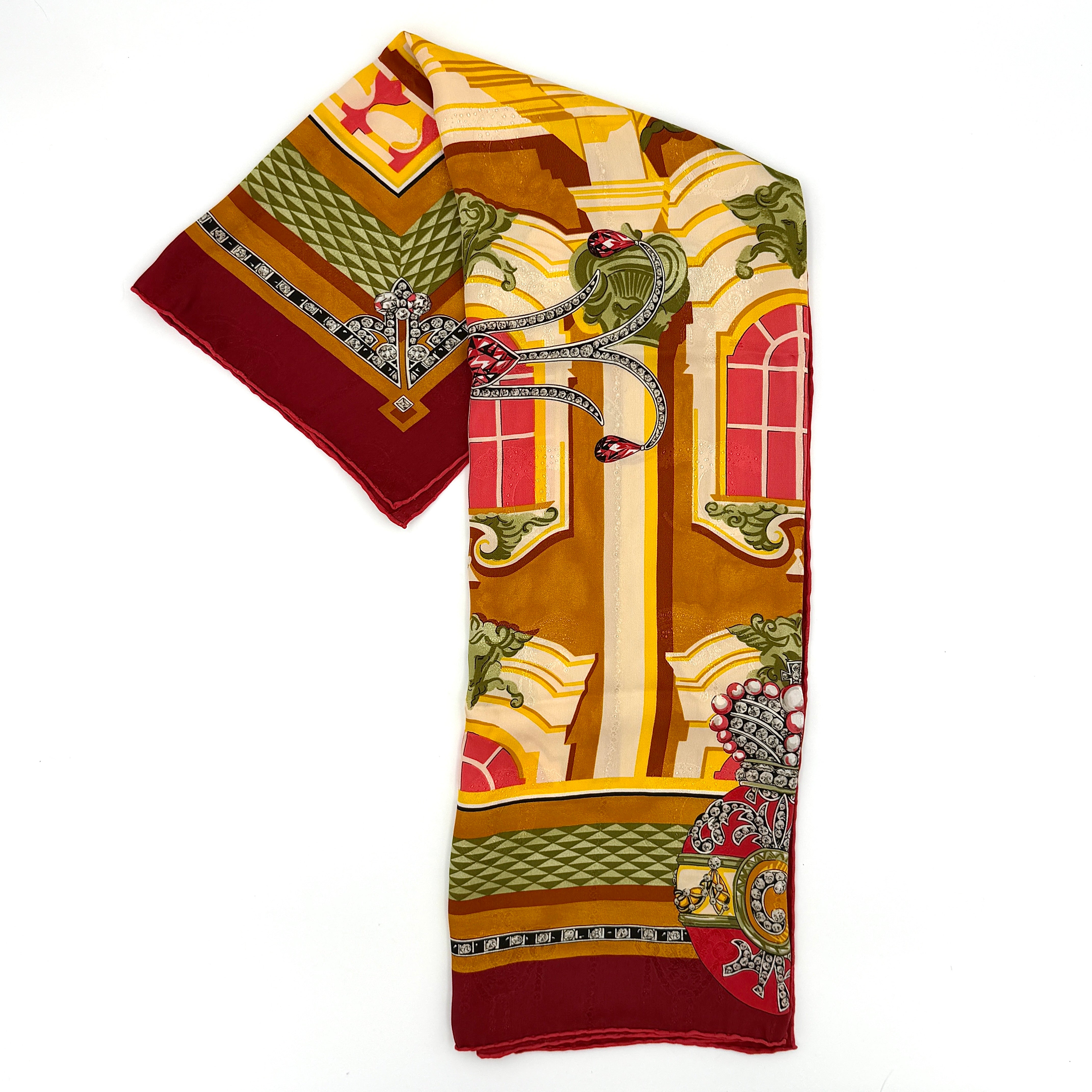 Cartier Saint-Petersburg silk scarf featuring multicolor architectural and ornamental design in rich tones.
