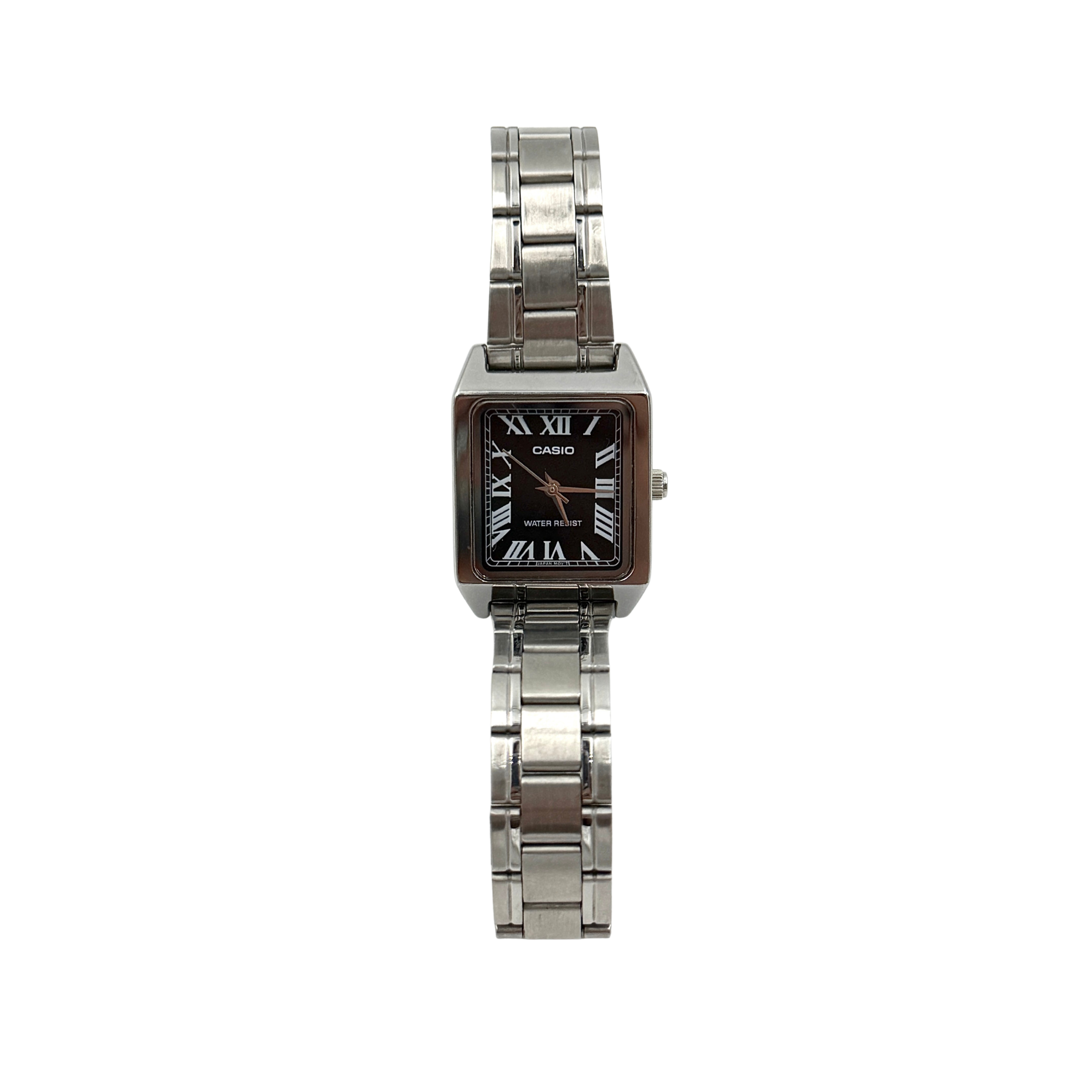 Casio LTP-V007 rectangular watch with black dial and Roman numerals, stainless steel case and bracelet, shown with close-up dial and caseback details.