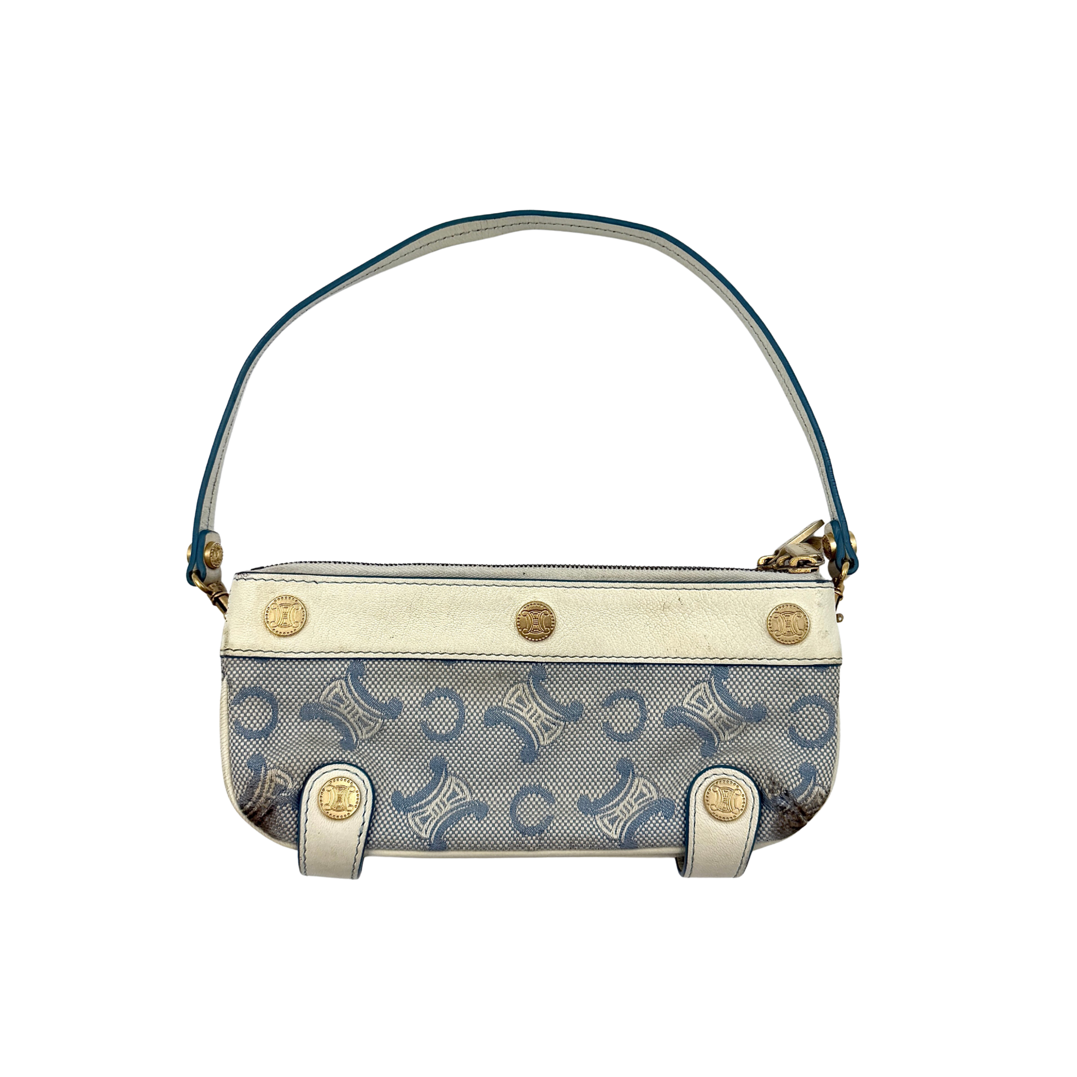 Celine Macadam Boat Shoulder Bag in blue with signature Macadam pattern, gold-tone hardware, and multiple zippers