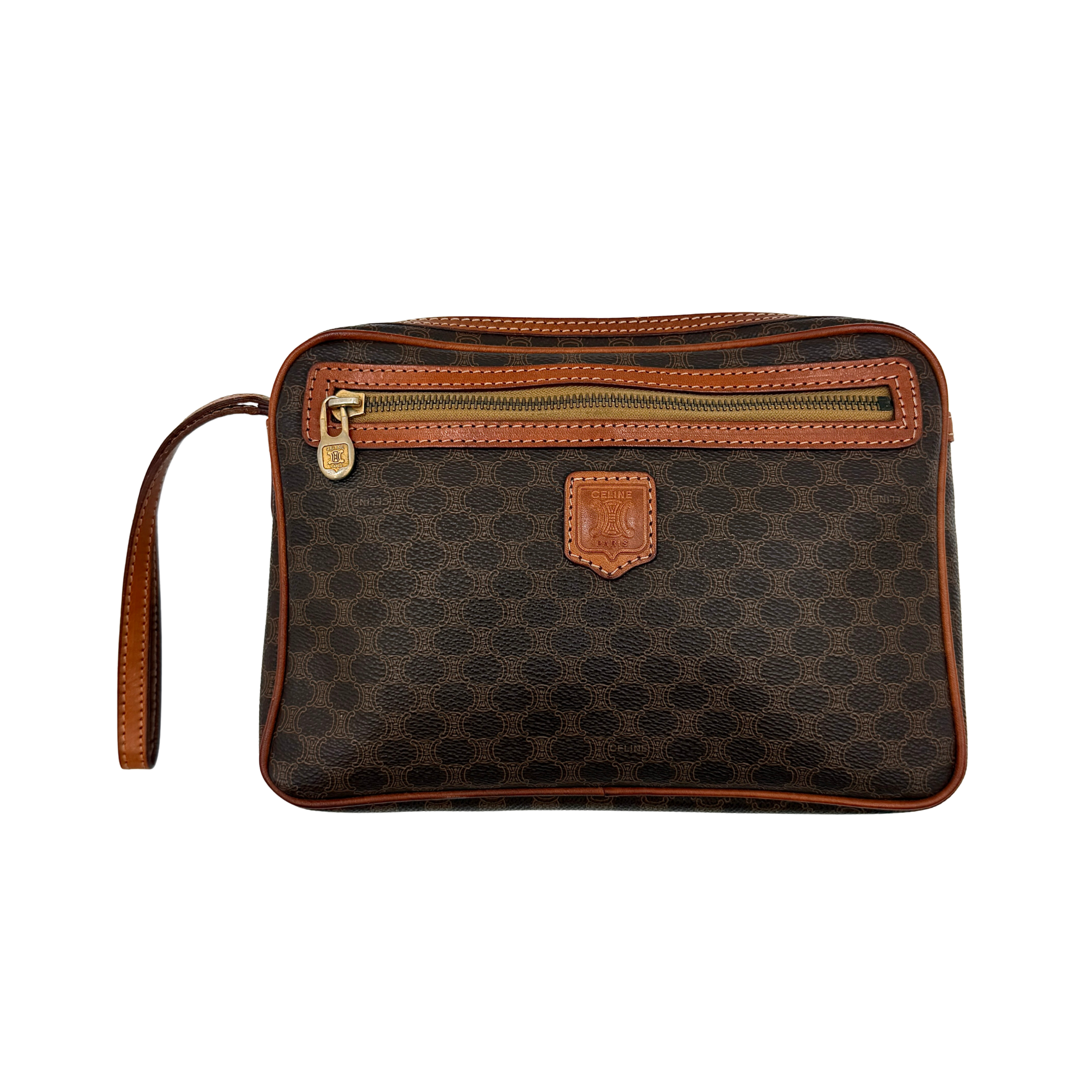 Celine Triomphe Macadam brown clutch bag with iconic pattern, zippered compartment, and wrist strap