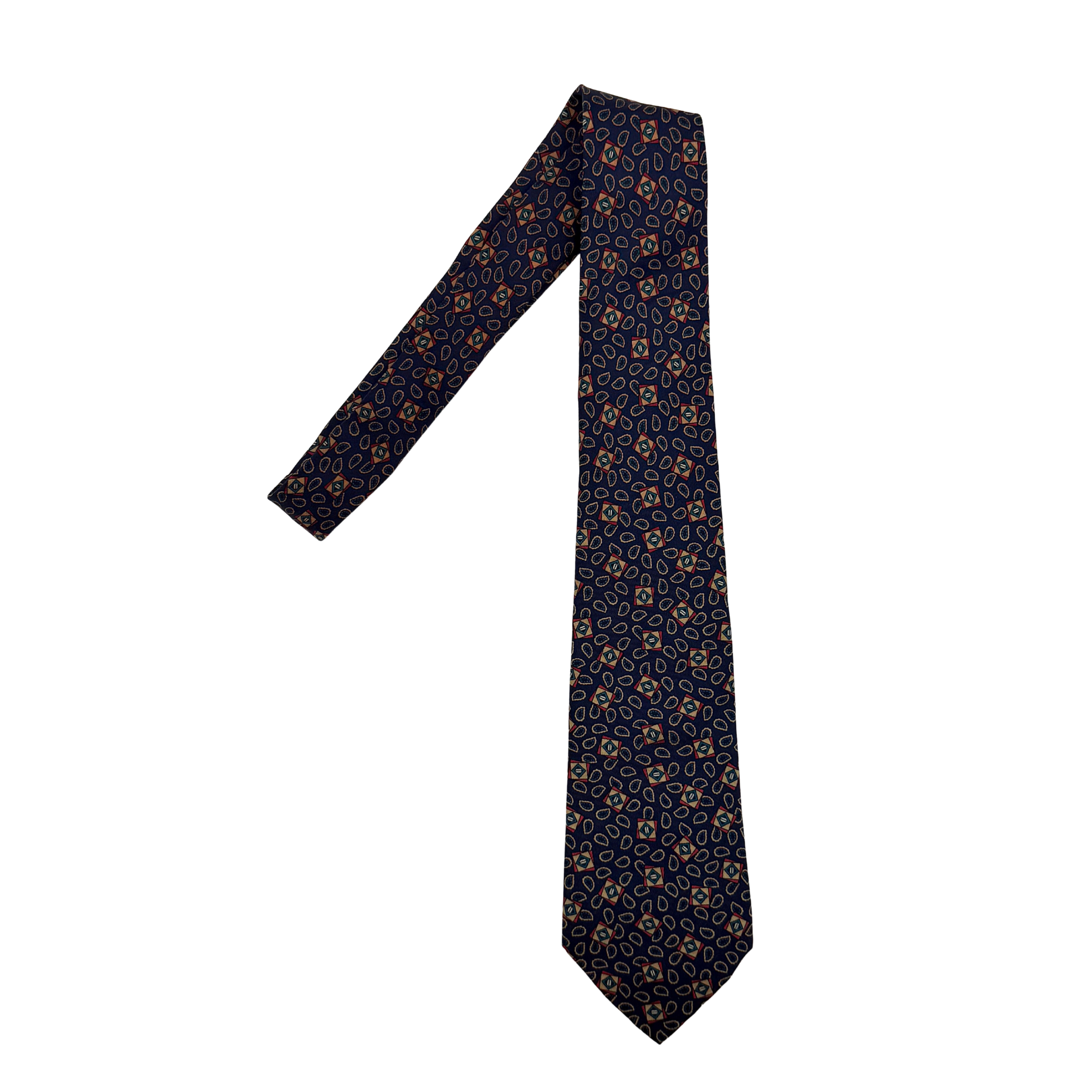 Chanel patterned print tie in multicolor with dark blue base displayed fully laid out showing repeating geometric and abstract motifs