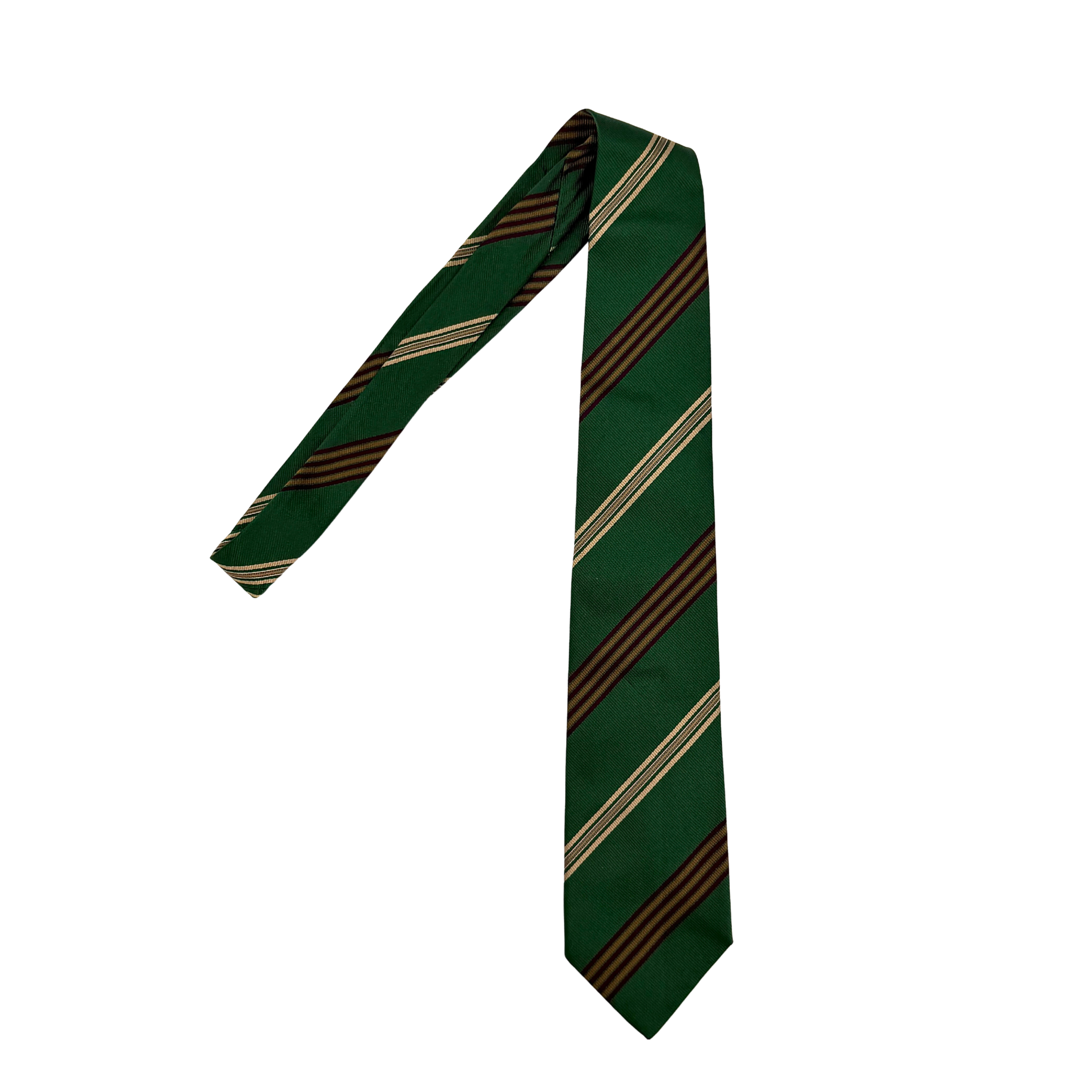 Chanel green silk tie with classic diagonal stripe pattern and signature Chanel branding.
