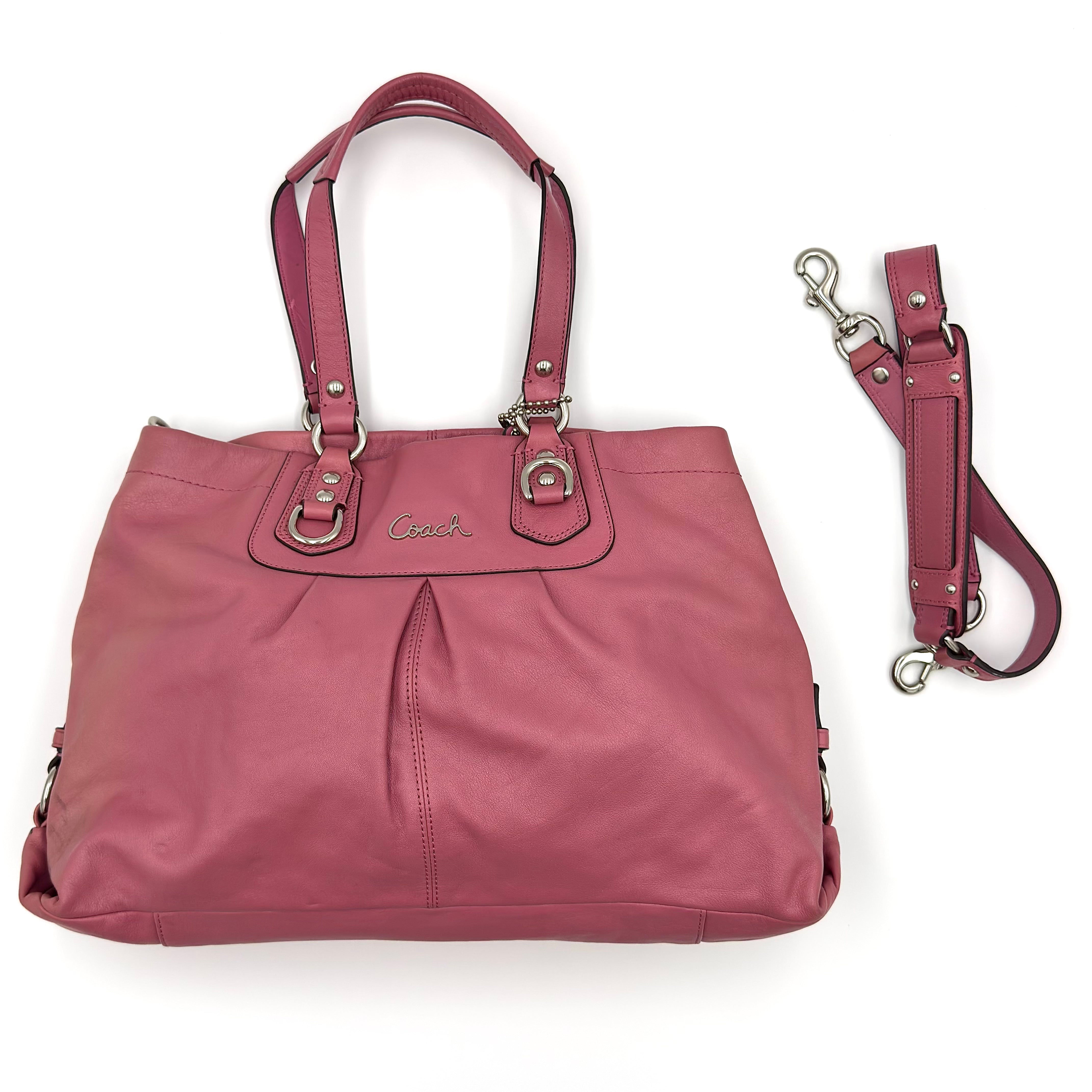 Coach 2Way Ashley Shoulder Bag in pink leather with silver-tone hardware, pleated detailing, dual handles, detachable strap, and spacious multi-compartment interior.