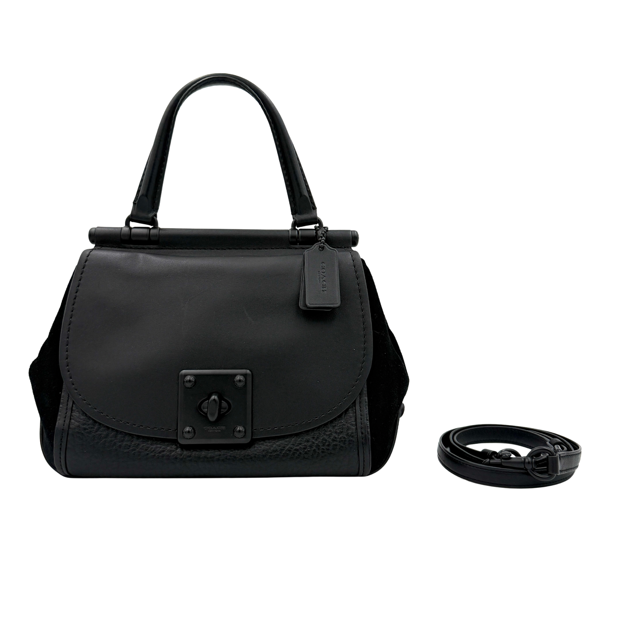 Coach 2Way Drifter Carryall Handbag in black with a top handle, detachable strap, and front turn-lock closure
