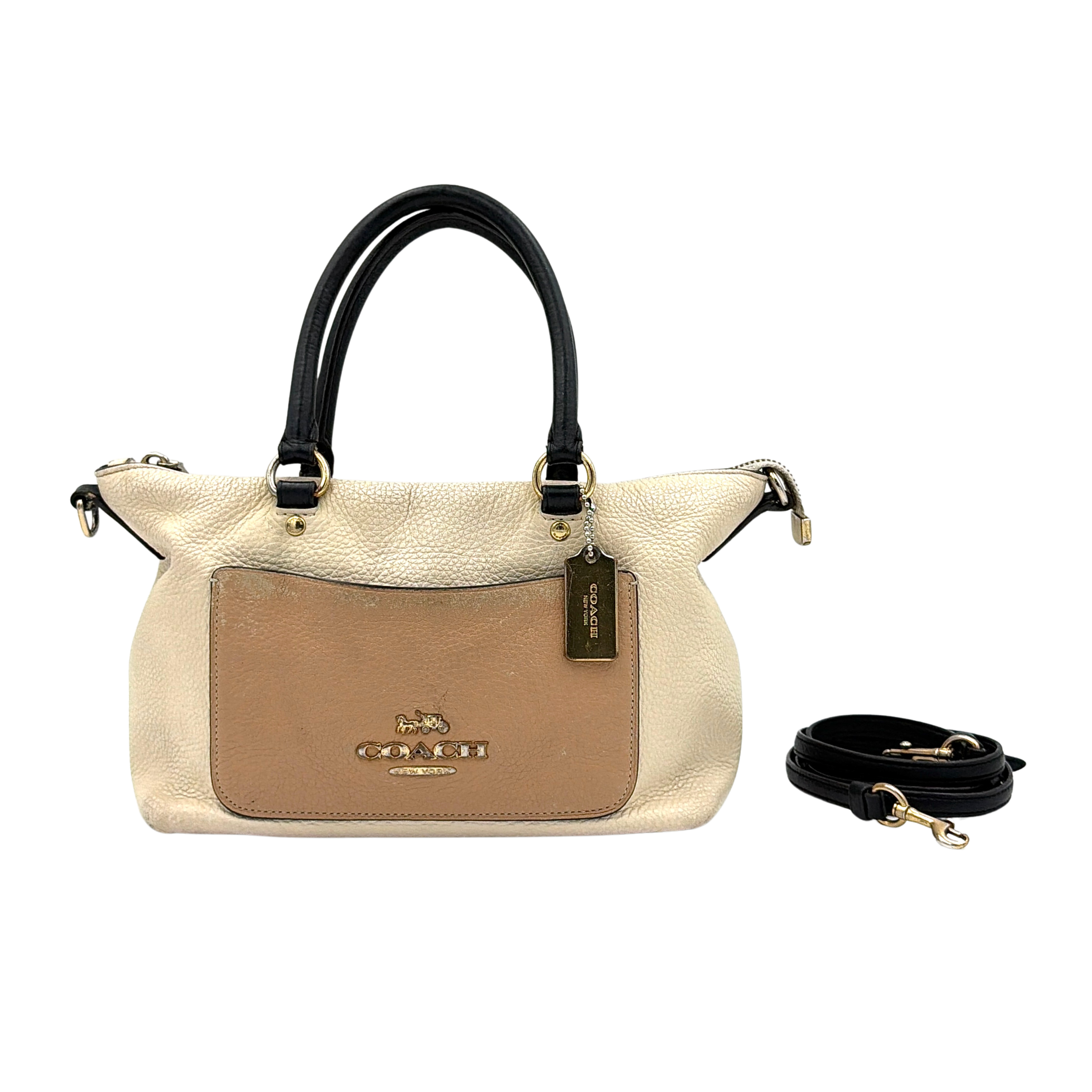Coach Emma 2-way leather shoulder bag in white and beige with top handles, detachable strap, and gold-tone hardware, shown front and back with close-up details.
