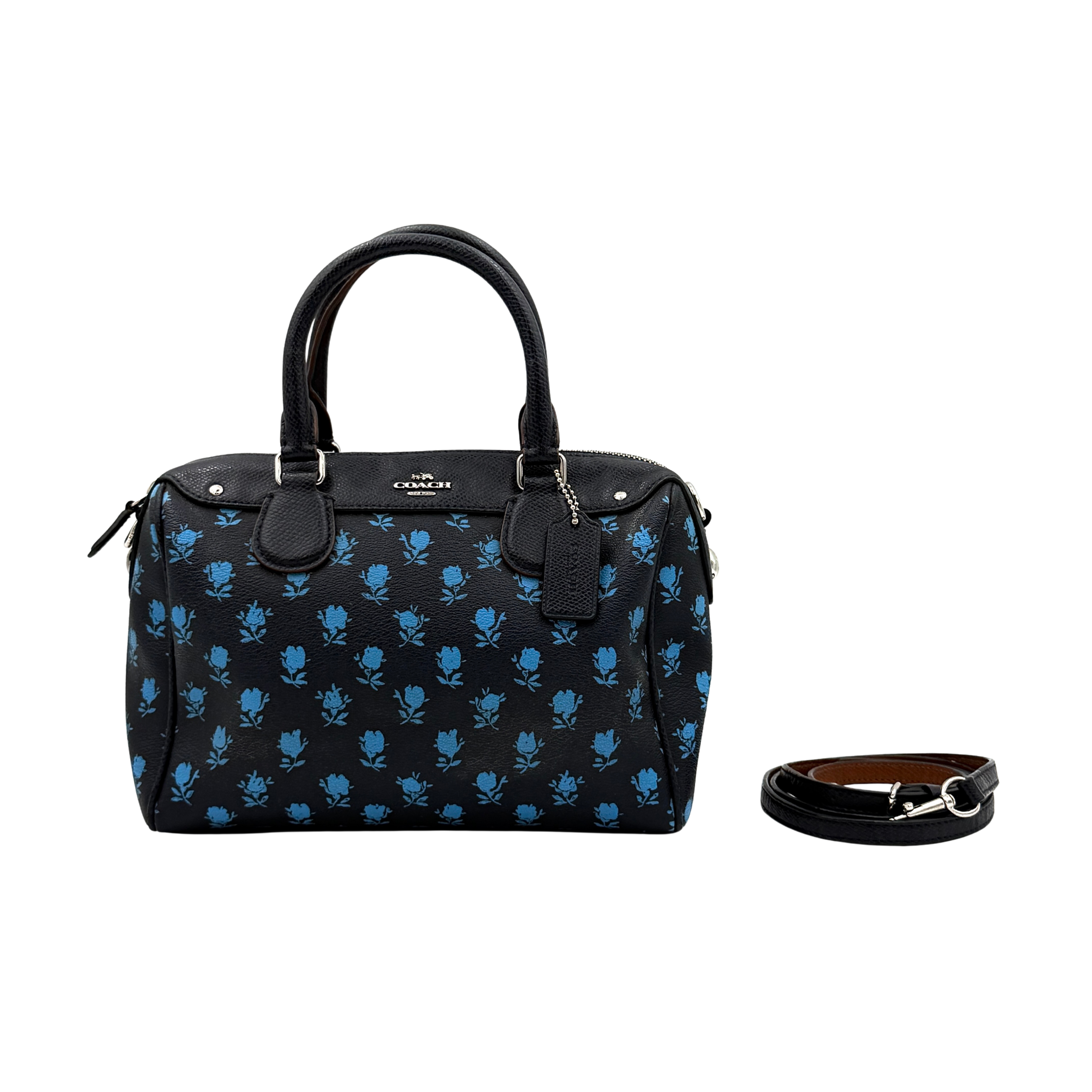 Coach Mini Bennett Boston Bag in navy blue with Badlands Floral pattern, featuring top handles and detachable strap