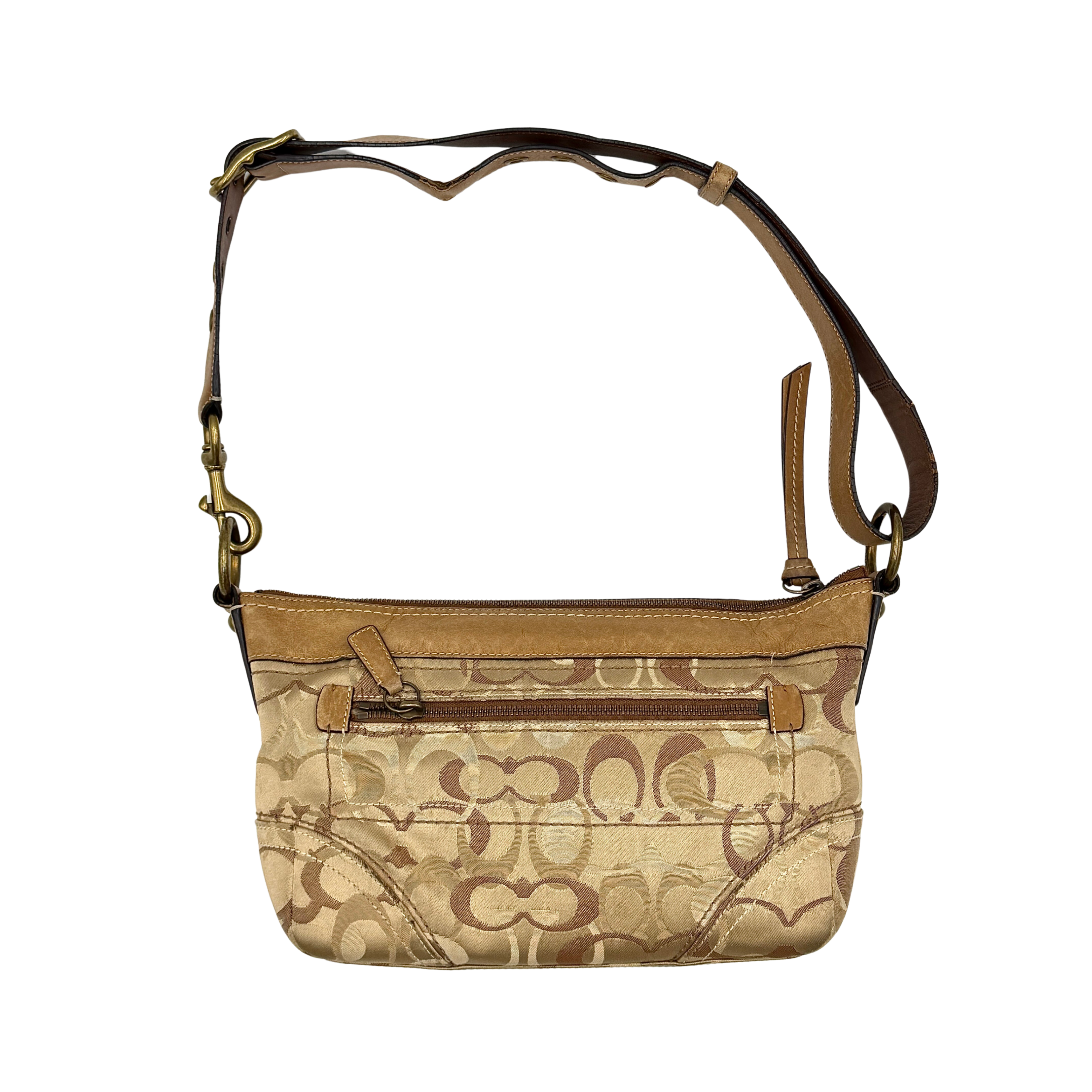 Coach beige and brown signature canvas shoulder bag with adjustable strap, showcasing classic logo pattern and two-way carrying option
