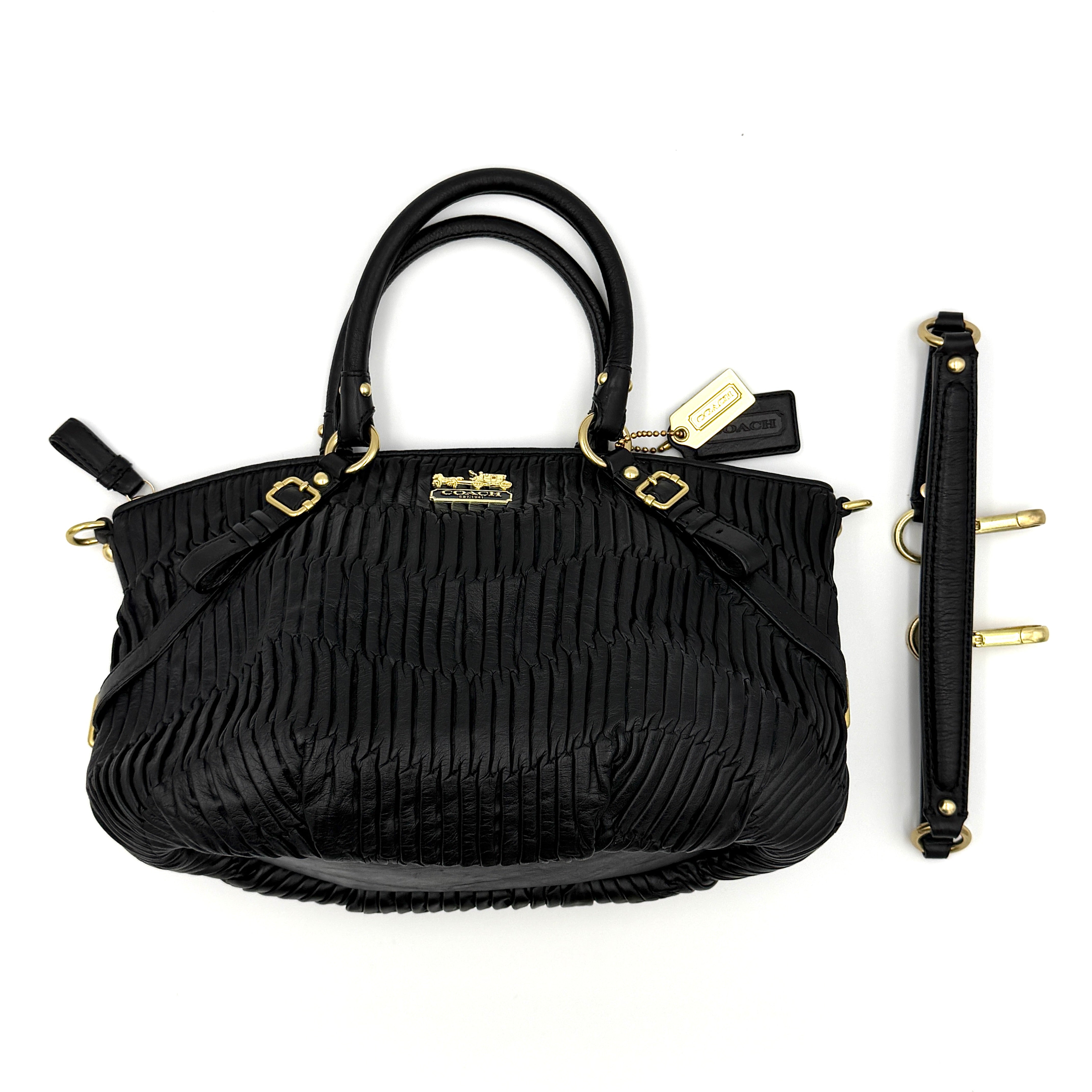 Pre-loved Coach 2Way Signature Madison Shoulder Bag in black pleated leather with gold-tone hardware and detachable strap.