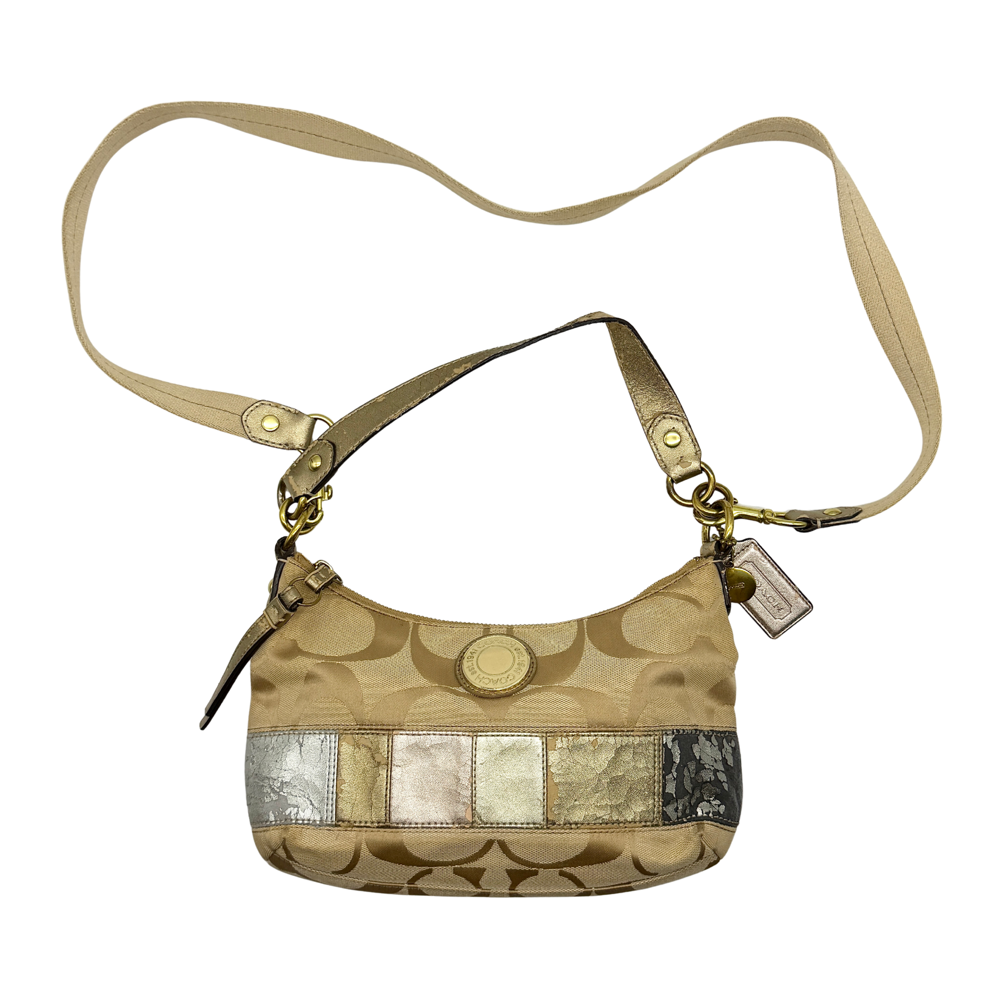 Coach 2Way Signature shoulder bag in beige signature canvas with metallic multicolor strip detailing, gold-tone hardware, and adjustable strap for shoulder or crossbody wear.