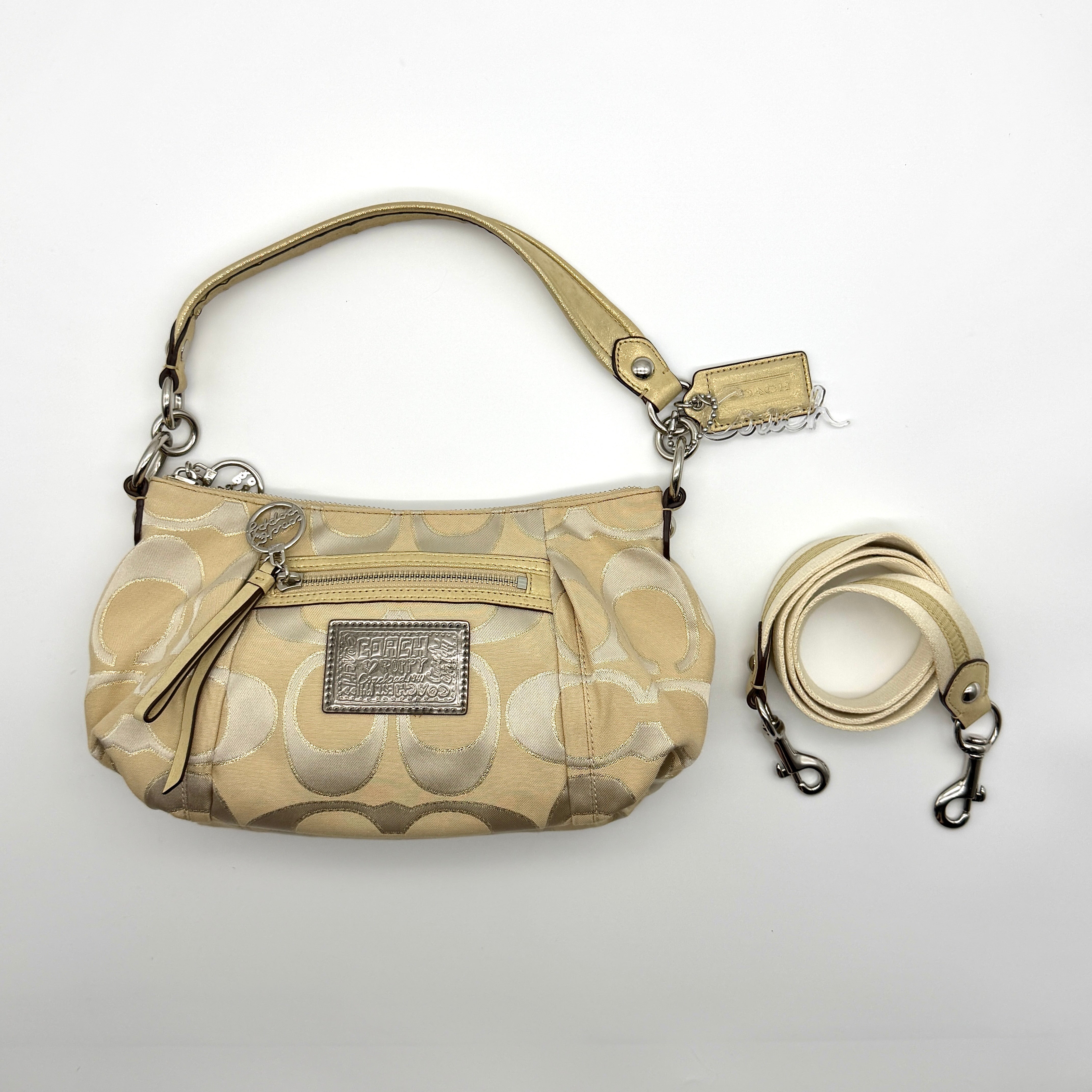 Coach 2-Way Signature Poppy Shoulder Bag Beige/Gold, pre-loved vintage design crafted from jacquard fabric with silver-tone hardware.