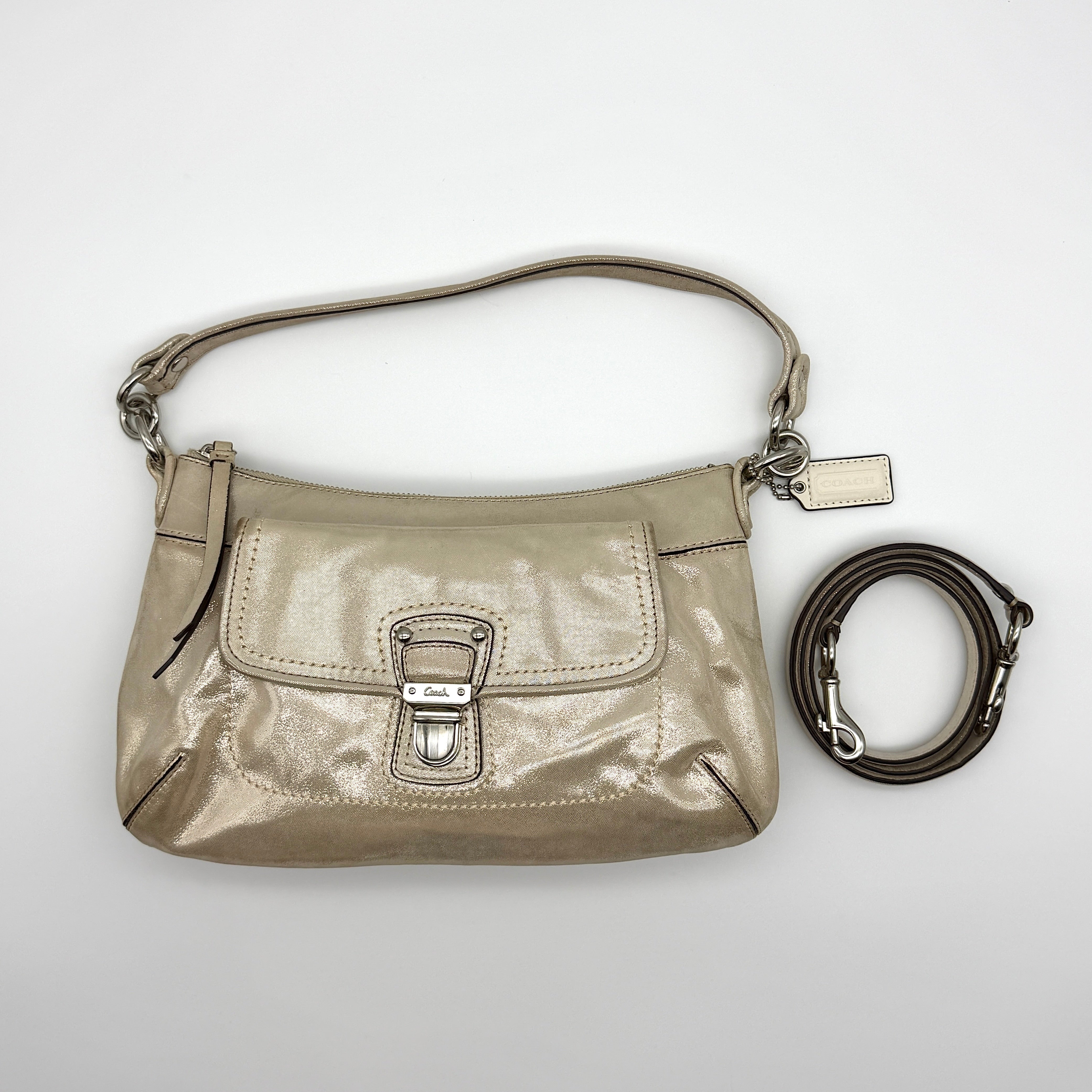 Coach 2Way Signature Preloved Luxury Shoulder Bag in metallic beige leather with silver hardware and pink satin lining.
