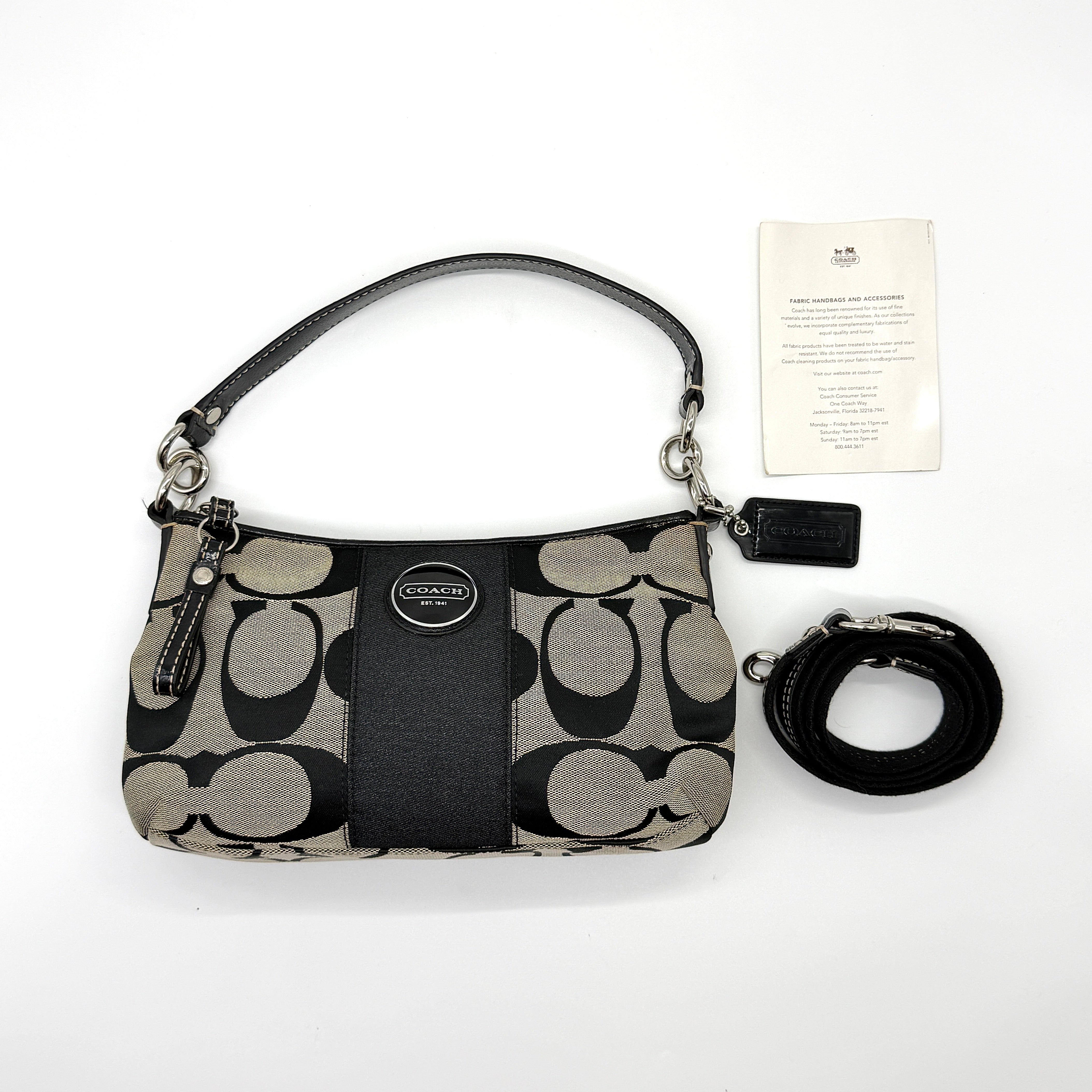 Coach 2Way Signature Strip Shoulder Bag in grey and black jacquard canvas with leather trim, silver-tone hardware, and detachable strap.