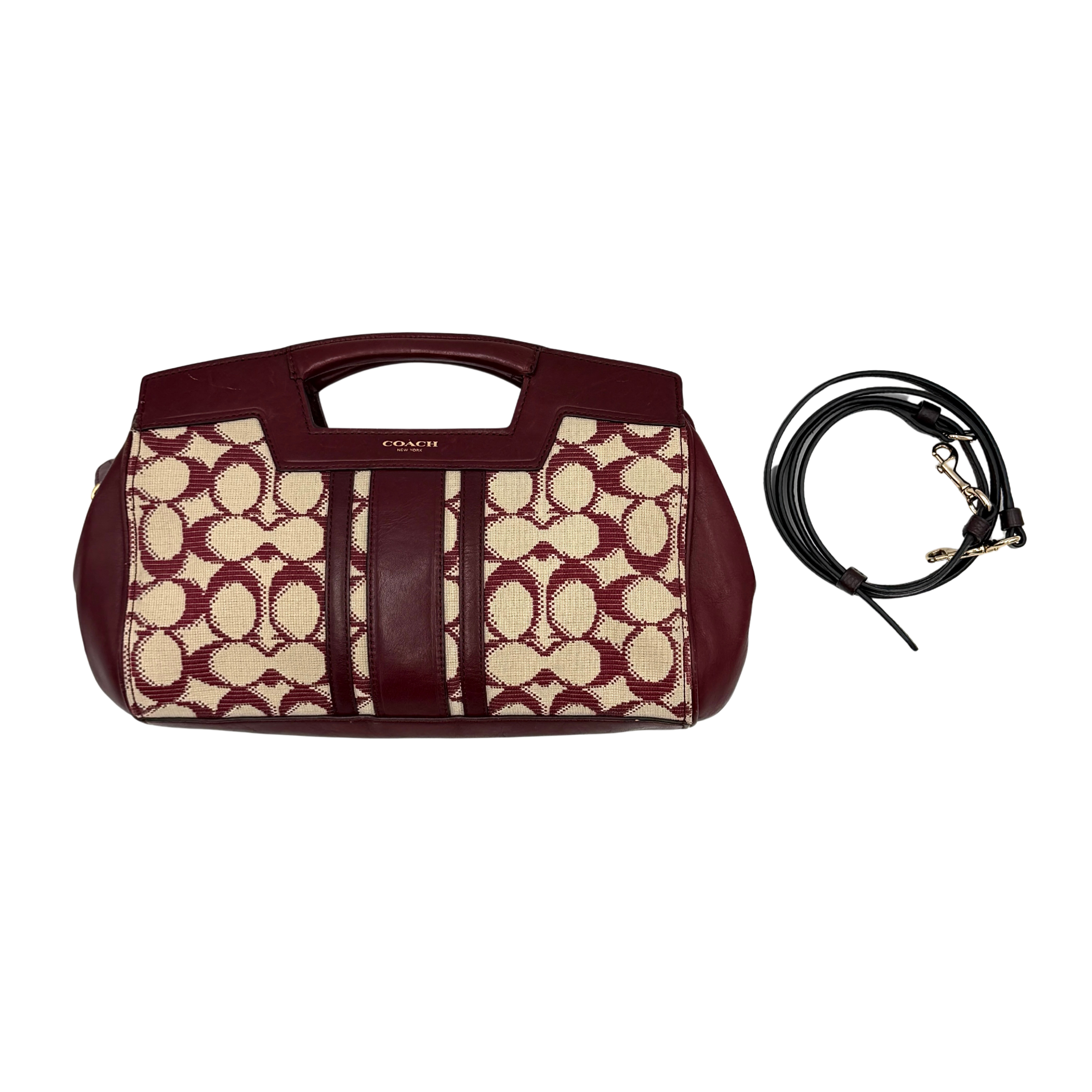 Coach 2Way Stripe Mini Handbag in burgundy and cream with dual handles and stripe design