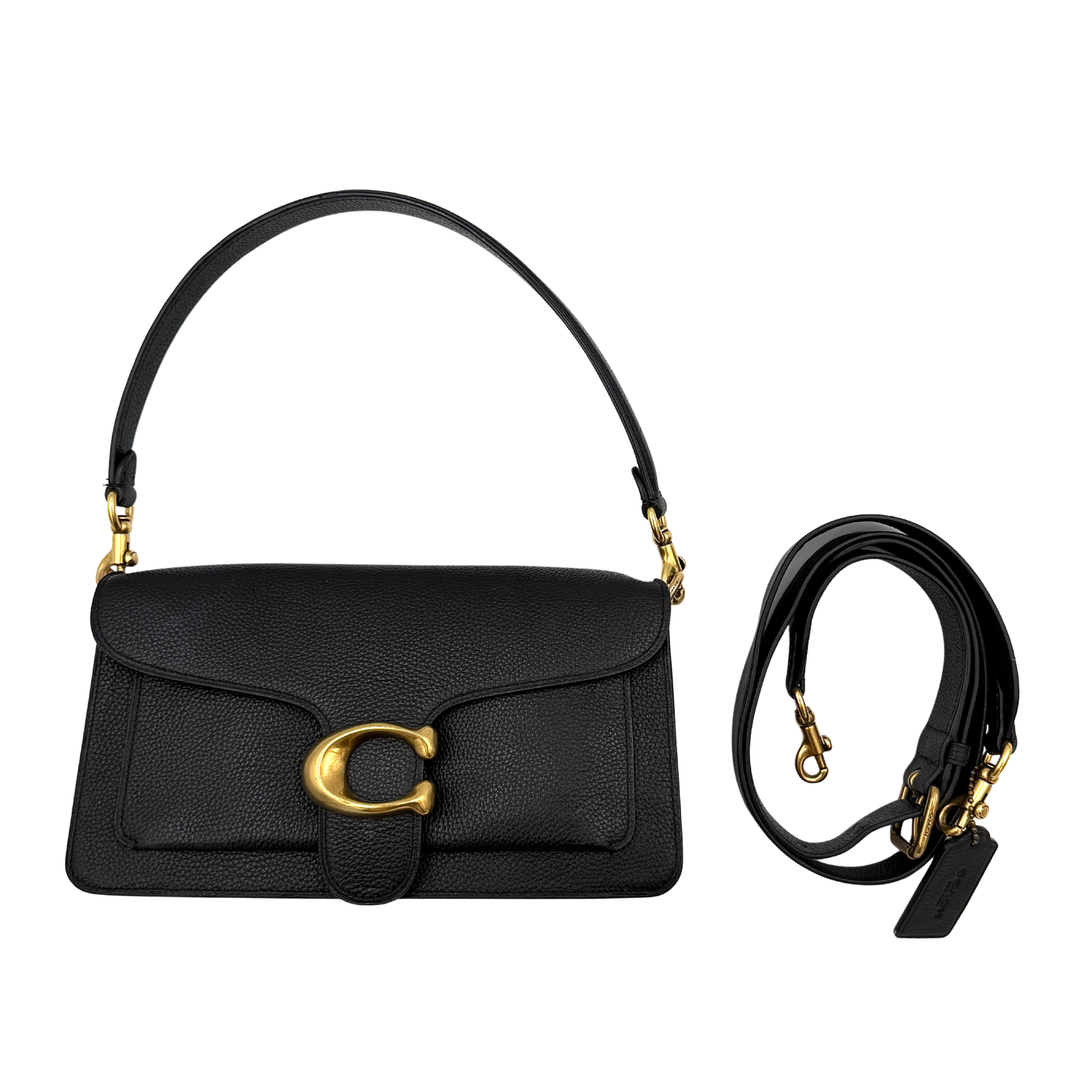 Coach 2Way Tabby 26 black shoulder bag with gold hardware, detachable shoulder strap, and textured leather finish
