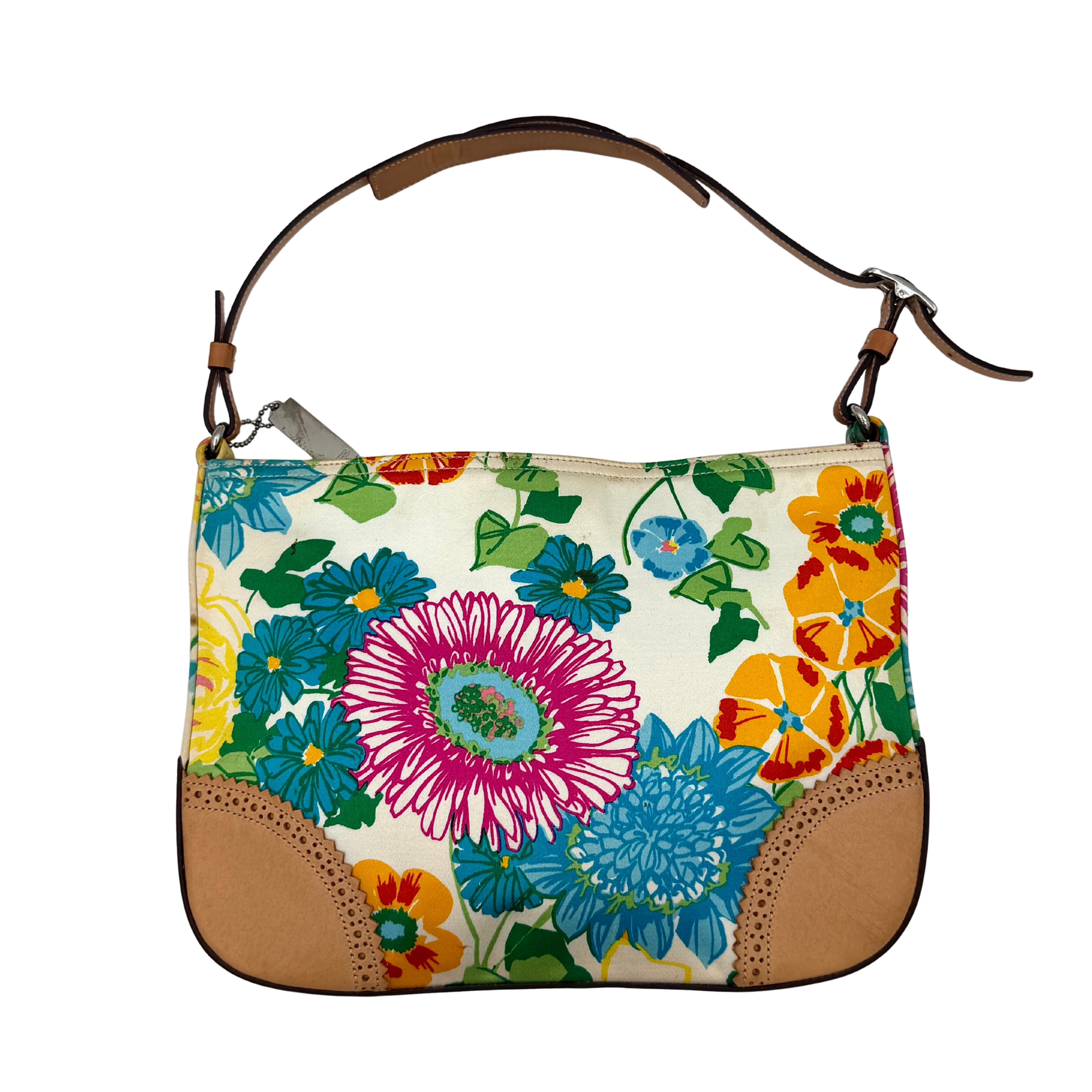 Coach Girlie Floral Hobo Shoulder Bag with multicolor floral design and tan accents, featuring a hobo silhouette and leather handle.