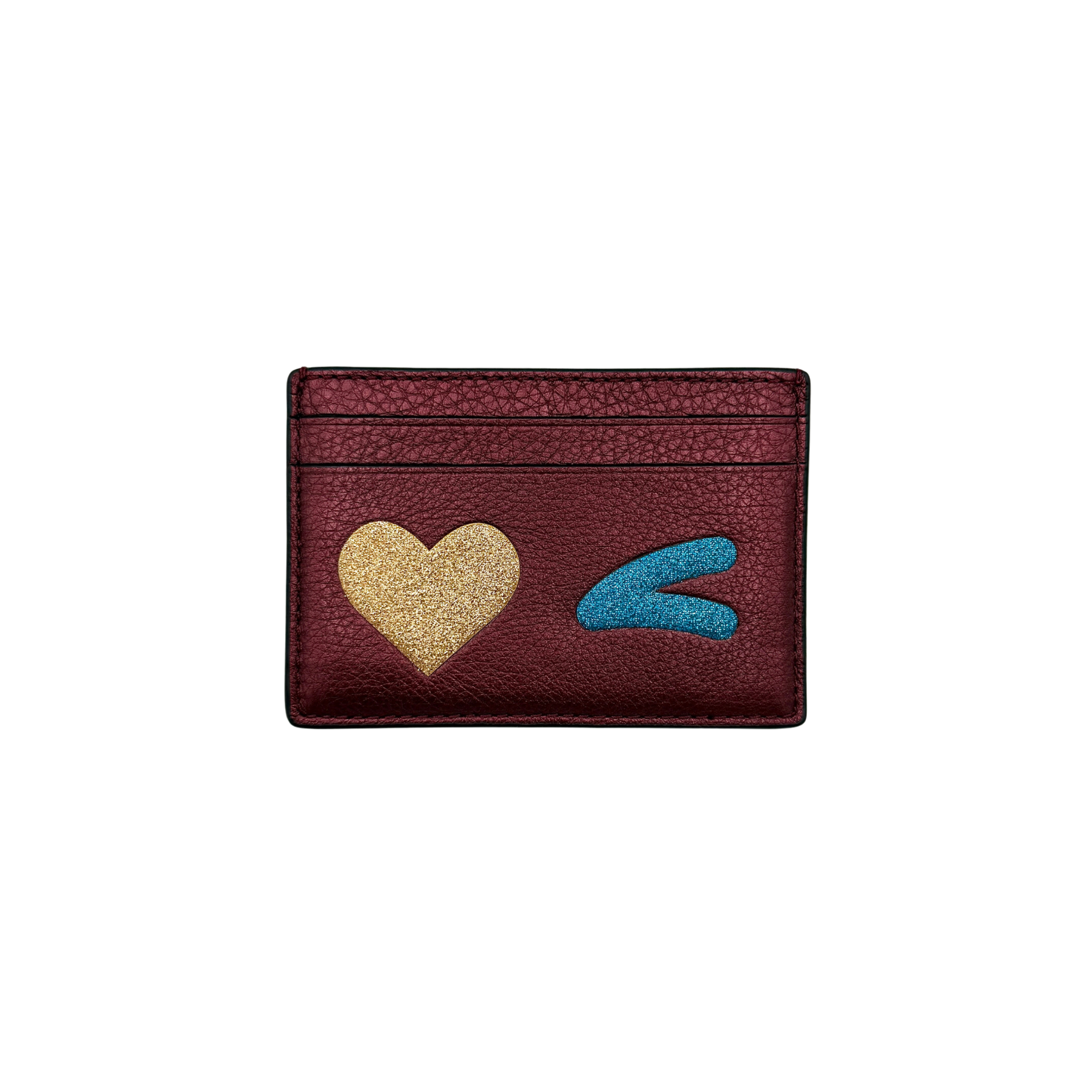 Coach burgundy cardholder with glitter heart and wink motifs, showing compact design and multiple slots